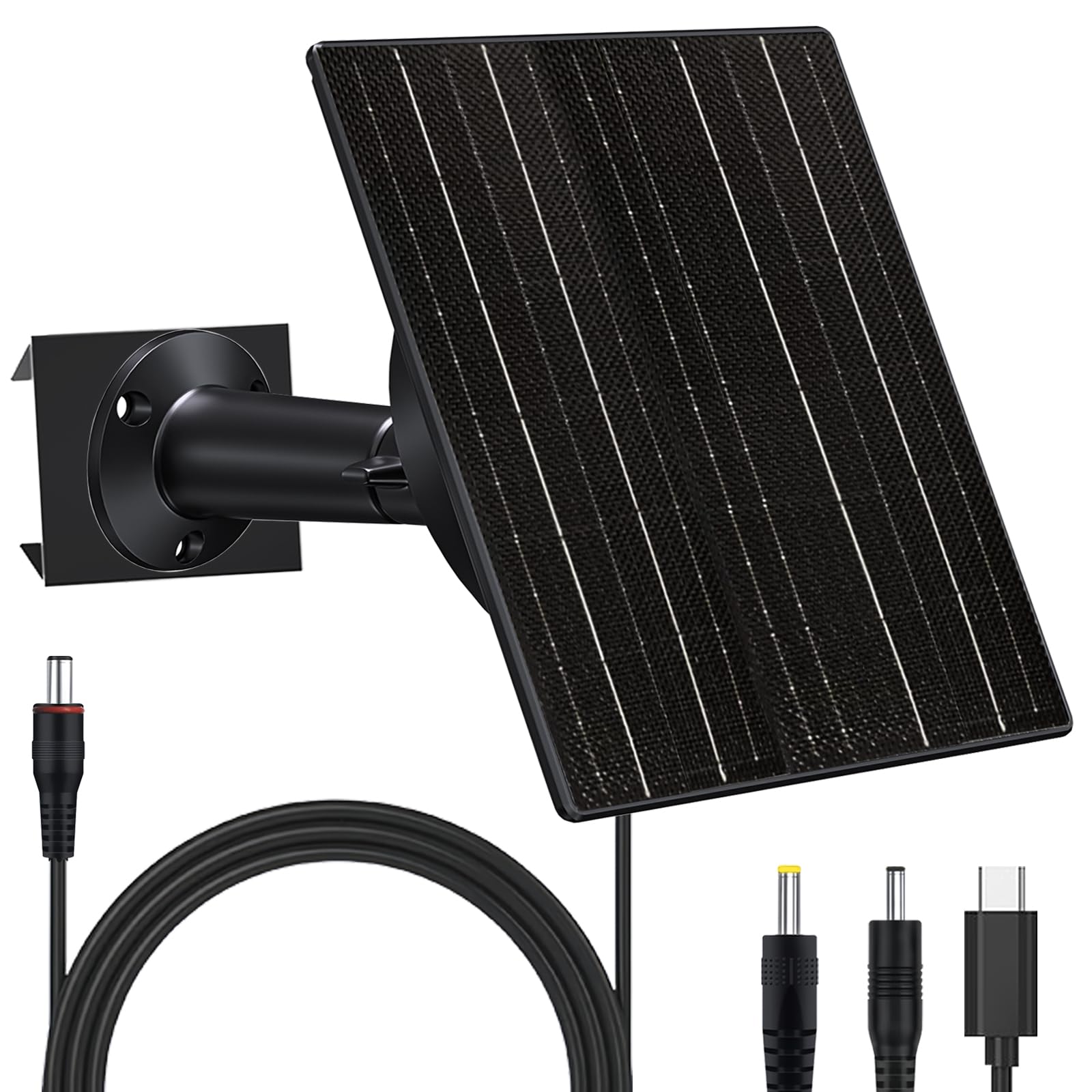 Panel słoneczny 10 W do kamer bezpieczeństwa, regulowane wyjście 12 V/5 V, wtyczki USB-C i DC, wodoodporność IP66, regulowany uchwyt 360° i kabel 3,5 m, kompatybilny z kamerami z akumulatorami