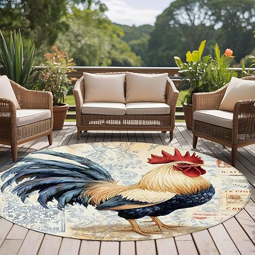 Miniatura 5 de 5ft Round Rug, Retro Rooster Non-Skid Rubber Backing Large Area Rugs - Living Room Bedroom Home Office, Watercolor Pastoral Animals Botanical Indoor
