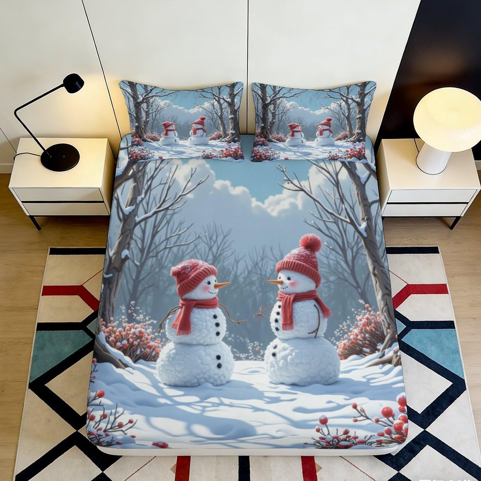 3D Printed Snowman Winter Scene Fitted Sheet Microfiber Soft Breathable Christmas Forest Bed Cover for Bedroom Dorm Decor 90x200x25cm