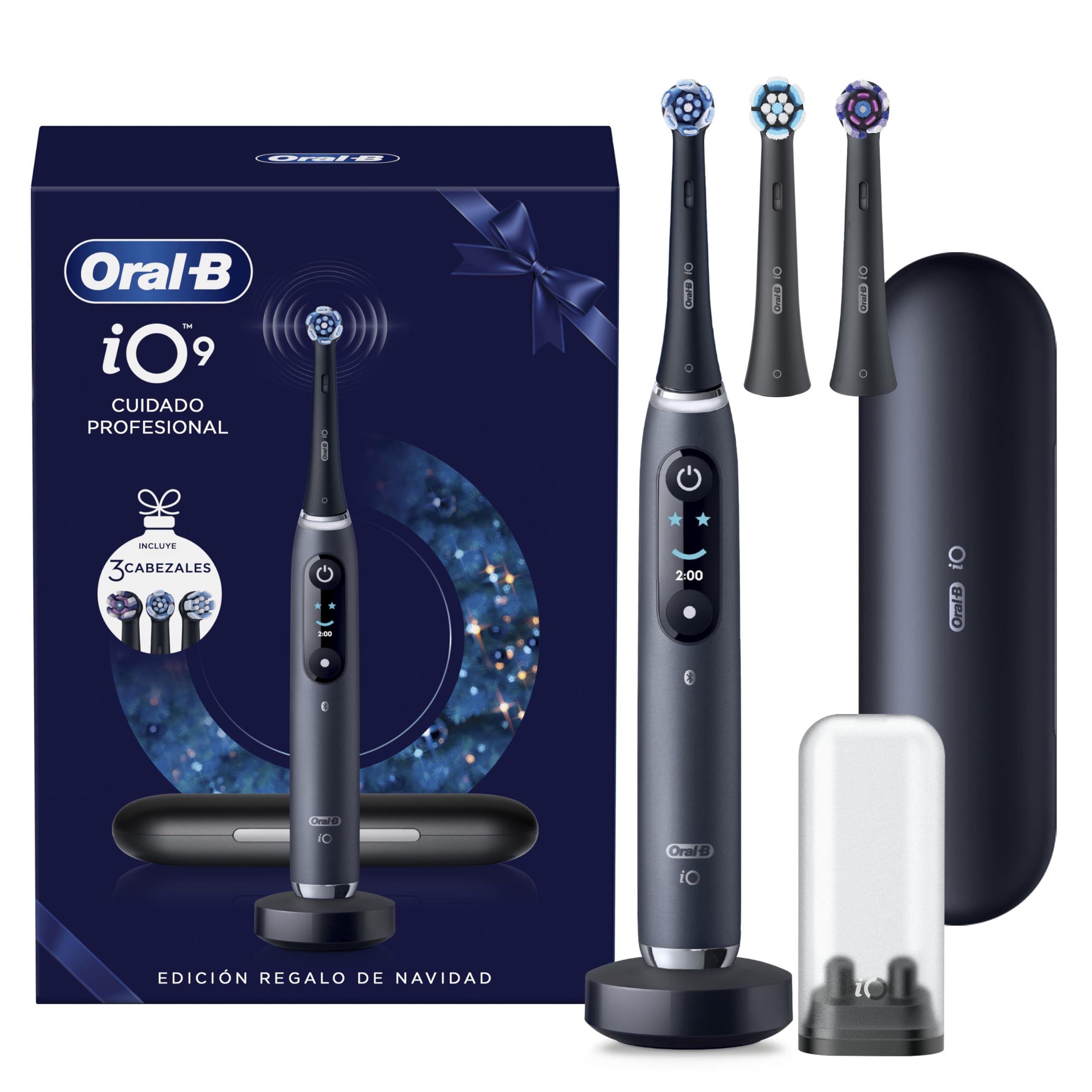 Oral-B iO 9 Cepillo de Dientes Eléctrico con 3 Cabezales, Negro | Cepillo Dental con 7 Modos de Cepillado, Sensor de Presión Y Estuche Cargador de Viaje, Carga Rápida, Seguimiento con App