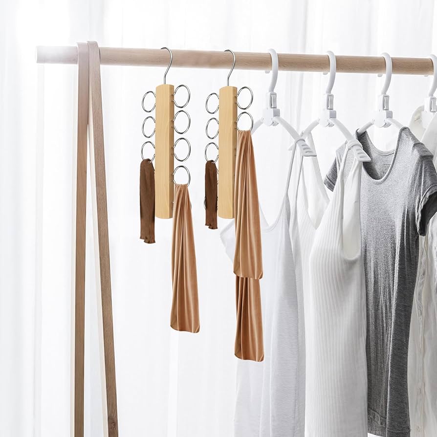 LMSAWK Scarf Hanger Wooden, Scarf Holder For Closet Organizer And Storage, Tie Hanger Scarf Rack, Space Saving Hangers With 10 Loops For All Scarves, Ties, Belts (Wood Color) - Online Marketplace