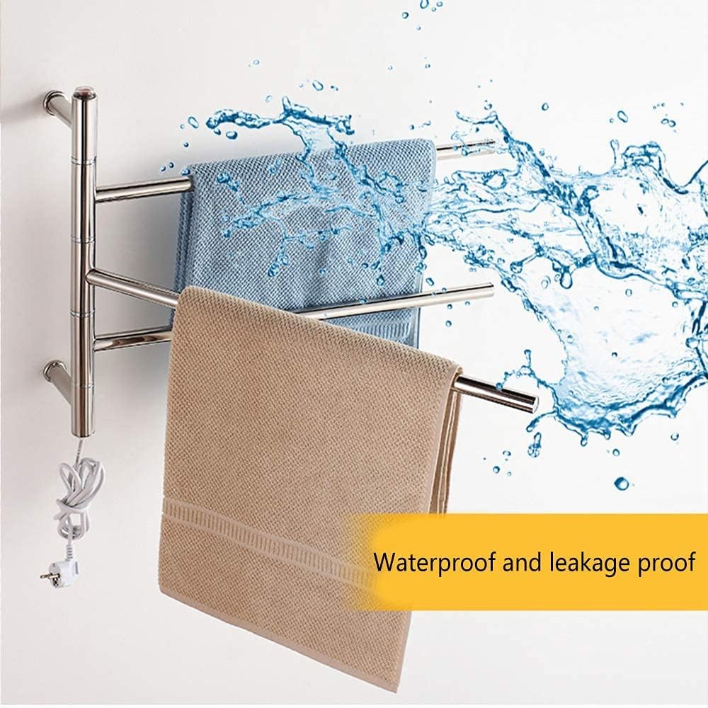 Towel Warmers for Bathroom Wall Mounted, Polished Stainless Steel Hardwired and Plug 3 Bars Timer Polished Energy Saving Lavatory Bath Shower 48W 17.722in,Silver,Plugin (Silver Har