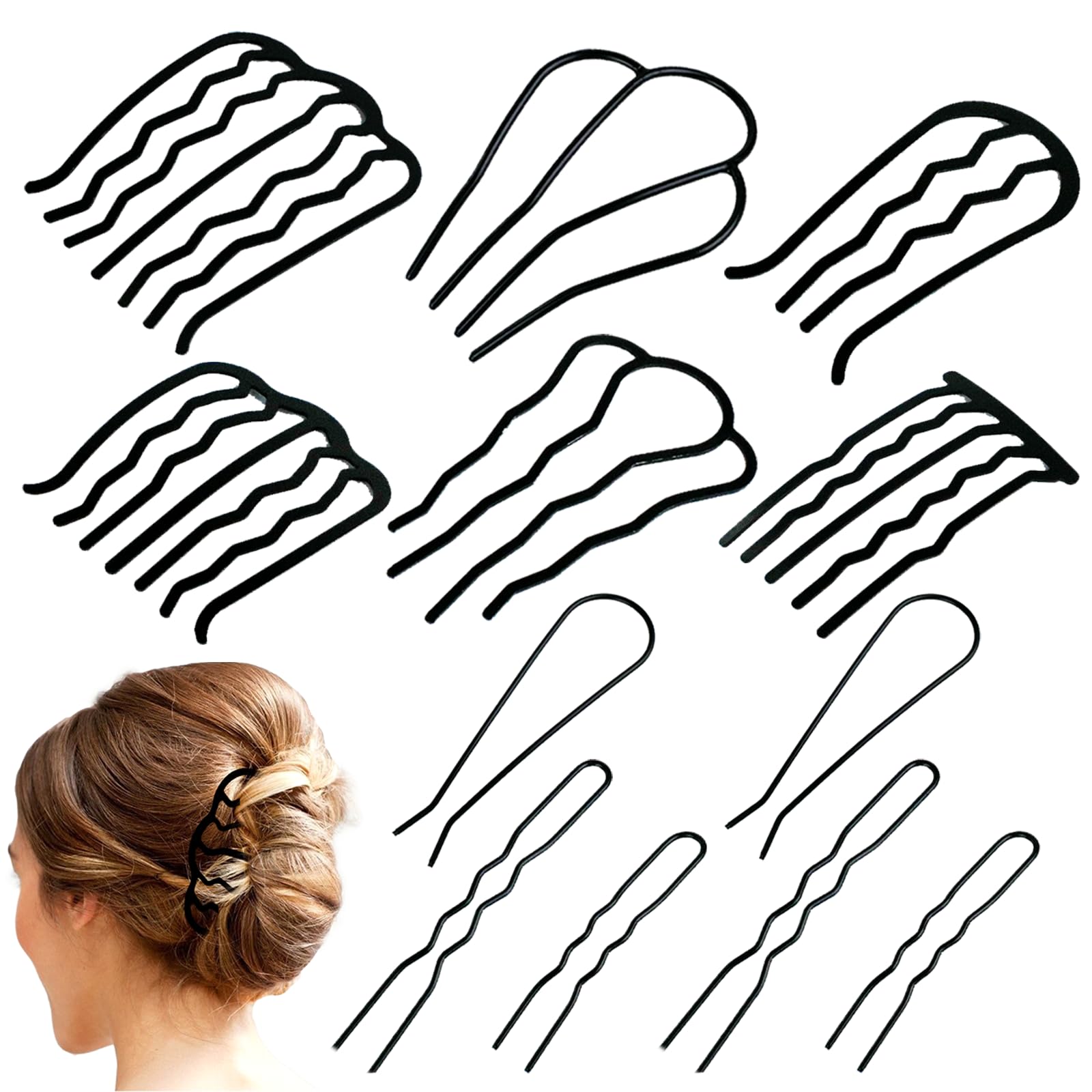 12 Pcs U Shape Metal Hair Pin Stick French Twist Teeth Hair Side Combs for Vintage Updo Bun, Messy Maker Hairstyle Accessories for Women and Girls(2 Teeth, 4 Teeth, 5 Teeth, 7 Teeth)