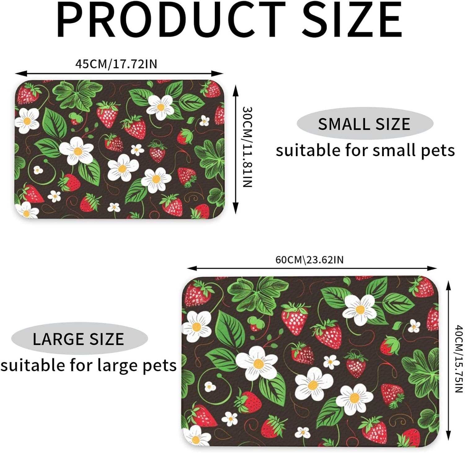 Strawberry Flower Leaves Leather Absorbent Pet Feeding Mat Non-Slip for Dogs Cats 40x60cm