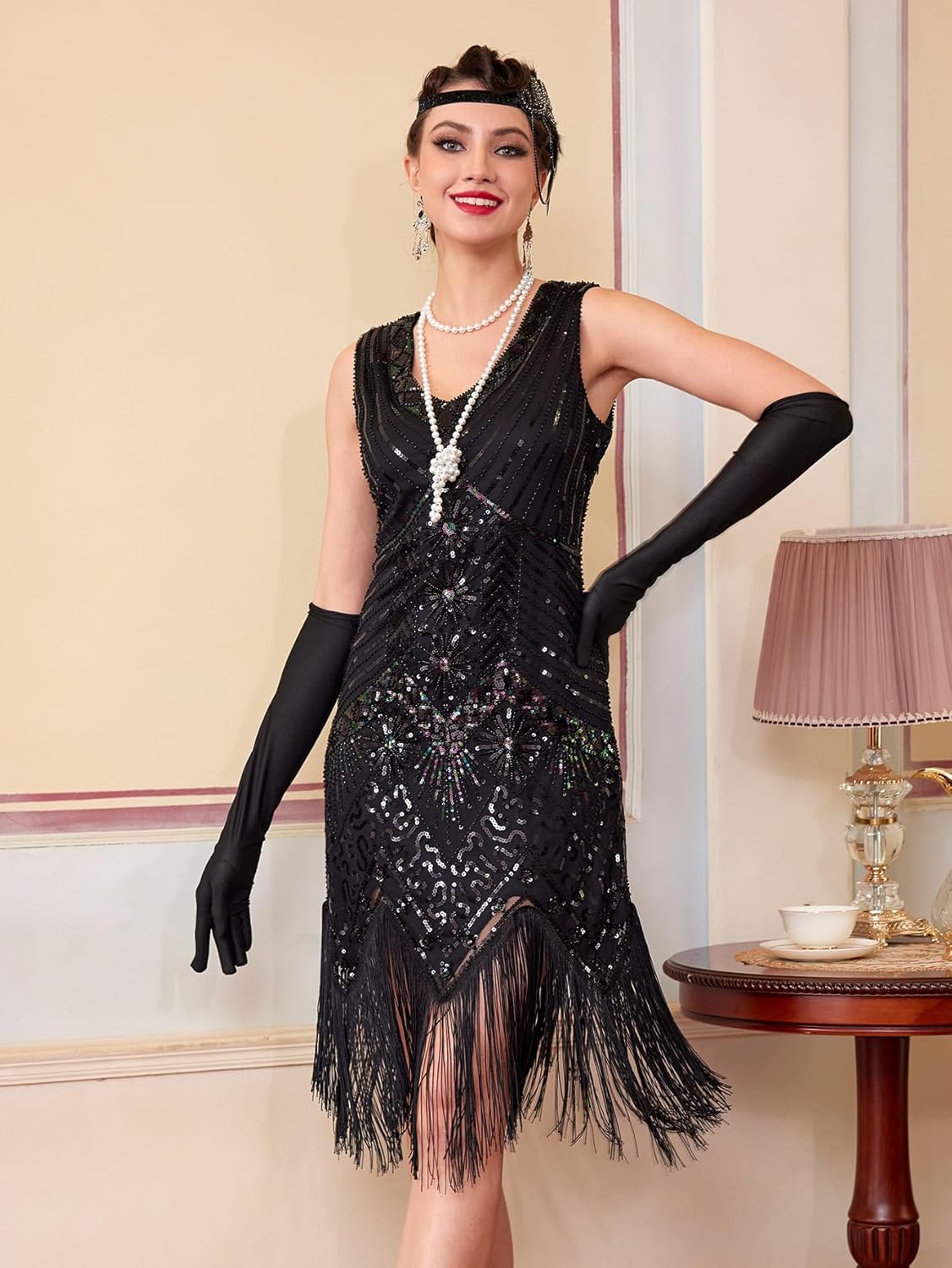 1920s Flapper Dresses for Women, Great Gatsby Dresses Roaring 20s, Fringed Sequin Costume with Accessories Set - Image 5