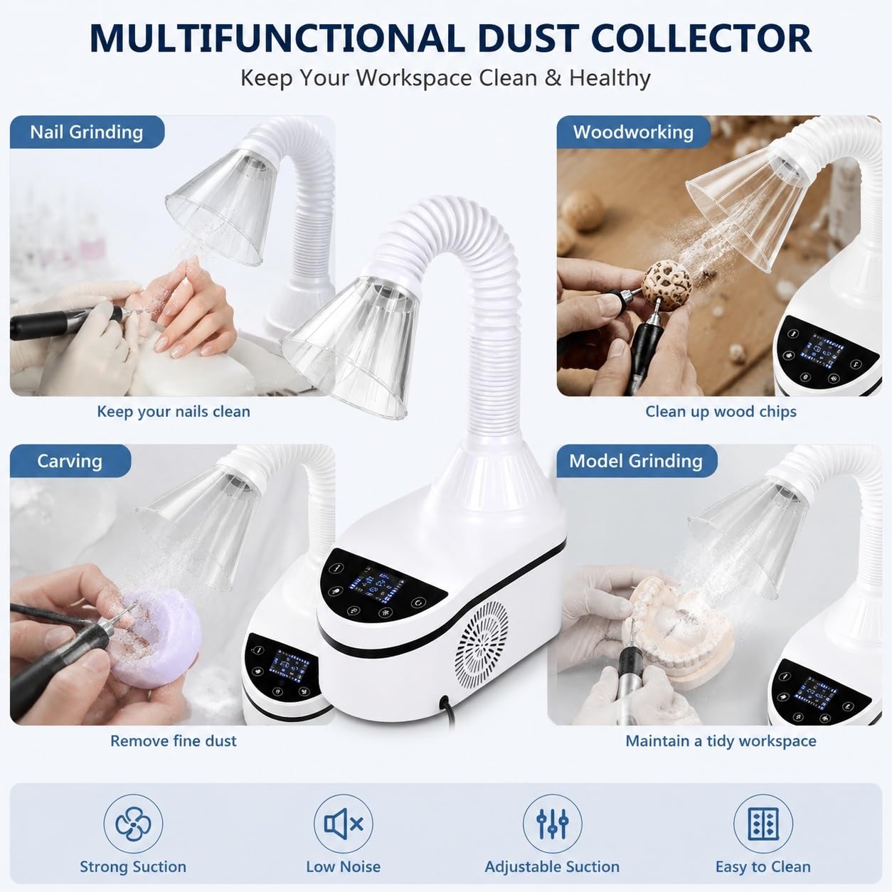 Aspiradora de colector de polvo dental de 230 W con pantalla táctil, control de 3 velocidades, luz LED, limpiador de mesa para salones de uñas, laboratorios dentales y estaciones de trabajo de pulido