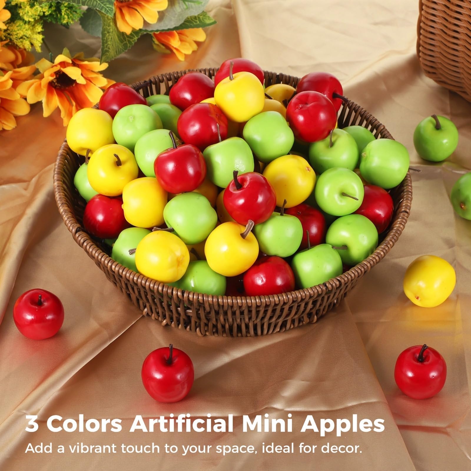 120 Stück künstliche Äpfel, 3 Farben Mini-Dekoäpfel mit 1 Stück geflochtenem Korb, realistische Kunstfrüchte, Kunststoff-Apfel-Simulation für Herbsternte, Wohndeko, Obst-Fotoprops