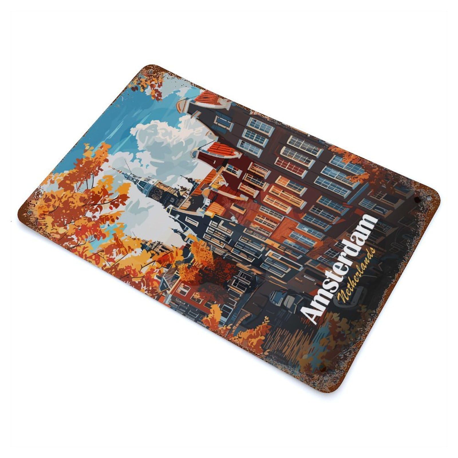 Amsterdam Netherlands Autumn Cityscape Illustration 11.8"x7.9" Weathered Tin Sign, Classic Wall Plaque for Patio, Garden Room And Bar Decor