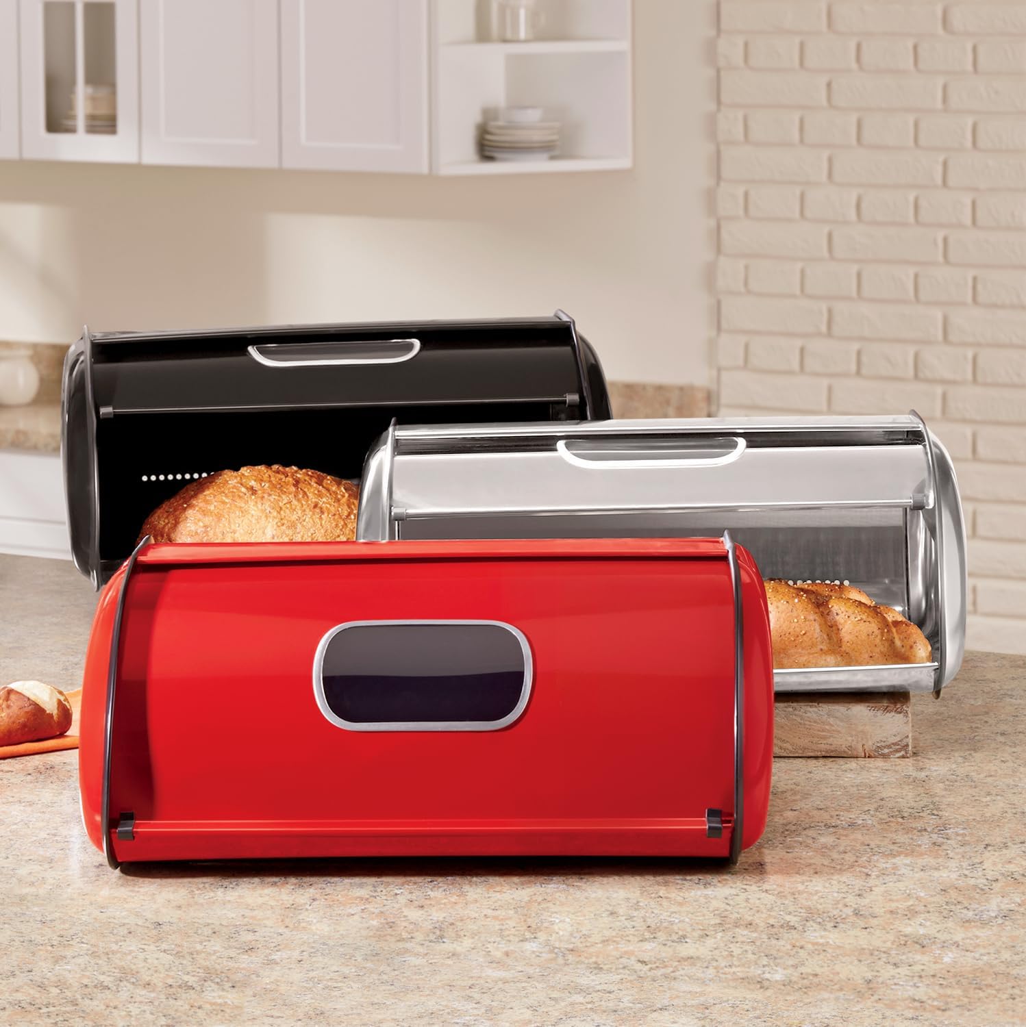 Montgomery Ward Window Breadbox for Kitchen Countertop - Food Storage, Sleek Design, Rear Air Vents, Black, 17" l x 10.5" w x 7.25" h
