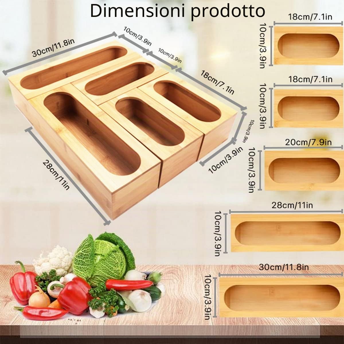 5 confezioni di organizer per sacchetti di bambù per la conservazione degli alimenti, organizer per sacchetti portaoggetti per la cucina, contenitori per cassetti compatibili con sacchetti da gallone