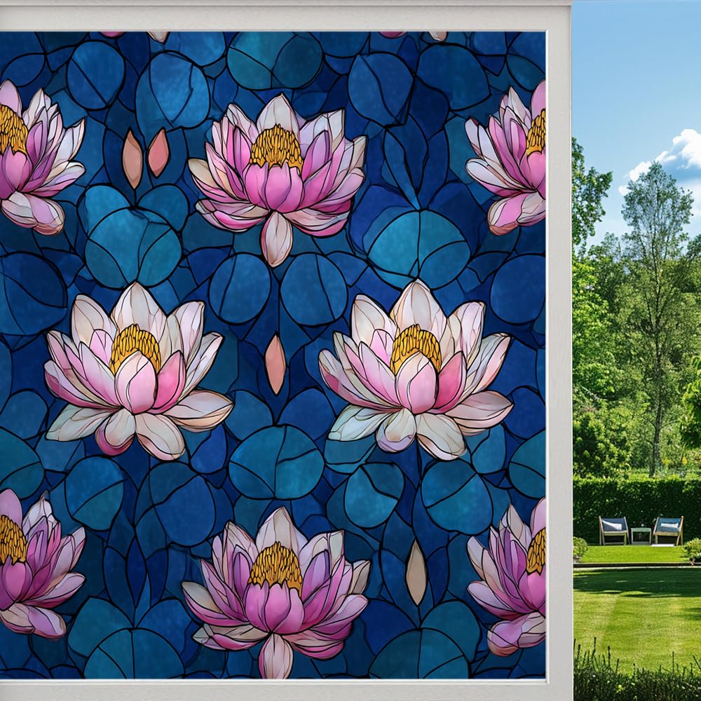 Abstract Lotus Pond Frosted Window Film, Colorful Floral Natural Plants Stained Glass Privacy Film, Heat Insulation Self-Adhesive Vinyl for Bathroom Office, （80x140cm）