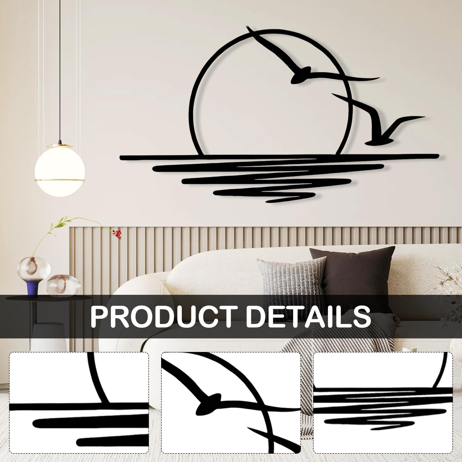 Wanddeko, 100 x 50 cm Schwarz Metall Wanddeko, wunderschöne Wanddekoration mit Möwen und Sonnenaufgang Muster, minimalistische Linienkunst Wandornament Hängen Dekor für Wohnzimmer, Schlafzimmer, Büro
