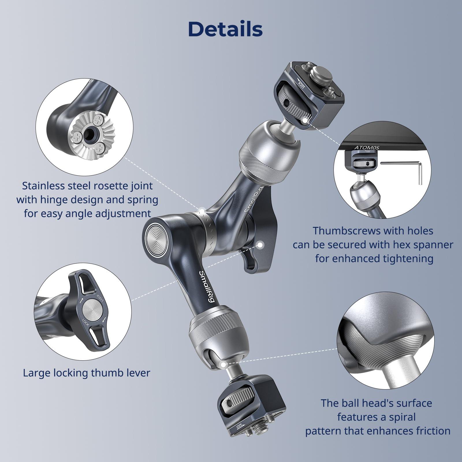 SMALLRIG Brazo mágico con Roseta de 7", Soporte para Monitor de Cámara, Brazo Articulado con Tornillo de Ubicación de 1/4"-20 y 3/8"-16 Capacidad Máxima de Carga de 3,5 kg, Brazo de Fricción - 4899