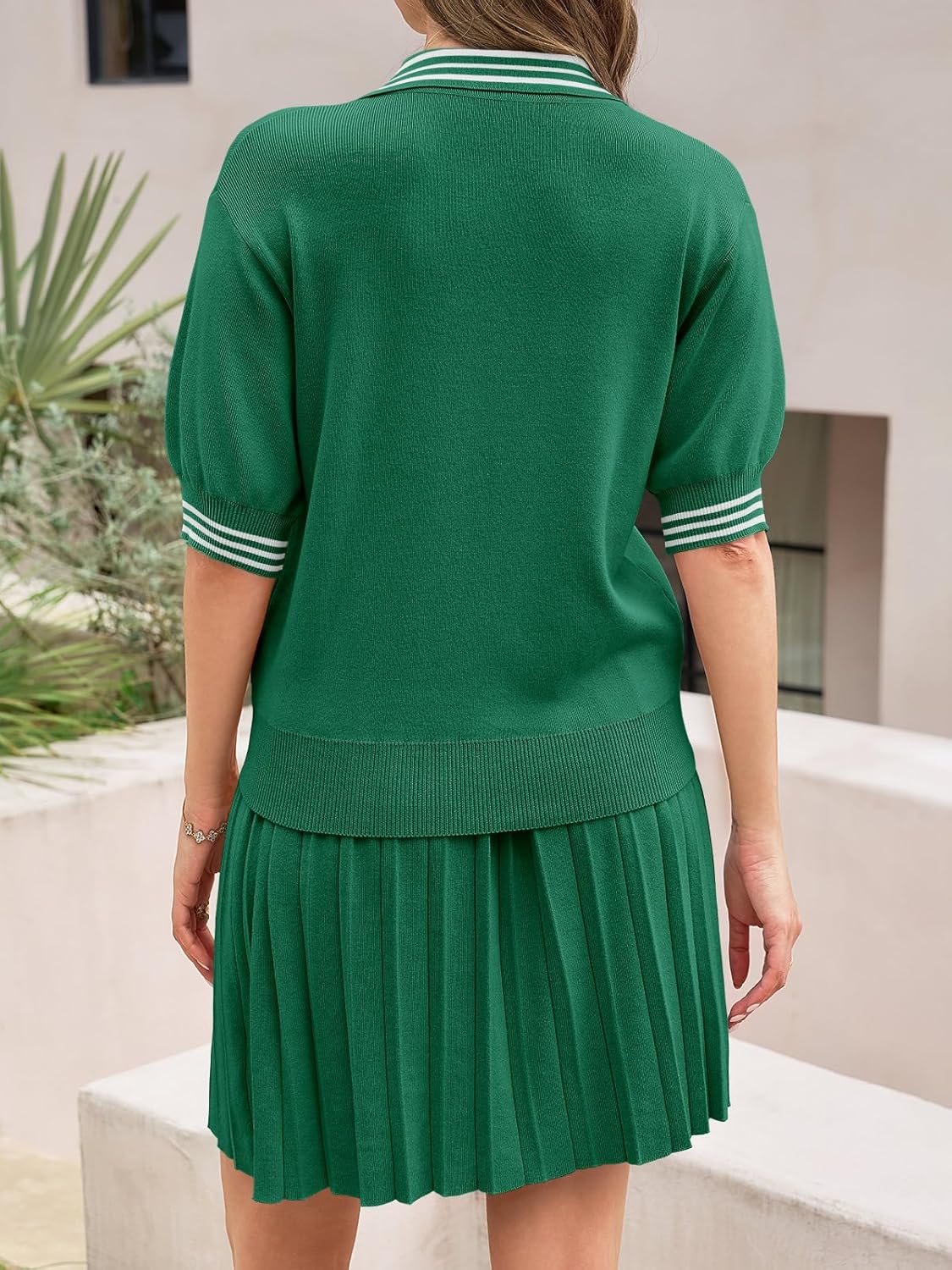 Fisoew Womens Summer 2 Piece Skirt Sets Short Sleeve V Neck Knit Sweater Tops Pleated Mini Skirt Casual Beach Outfits - Image 5