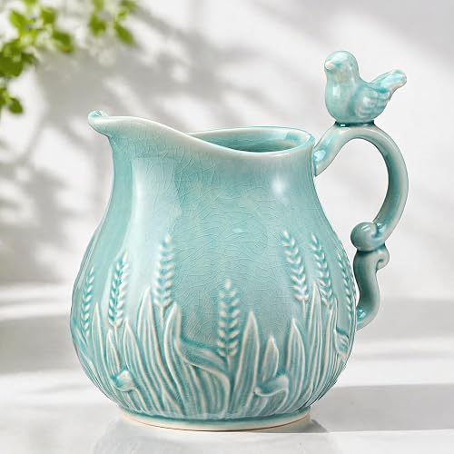Rustic Ceramic Vase with Bird Handle, 9.1x8.7x6.3 in, Blue Ceramic Vase for Home Decoration, Vintage Style Flower Holder for Living Room, Bedroom, Office, Wedding, Gift Idea