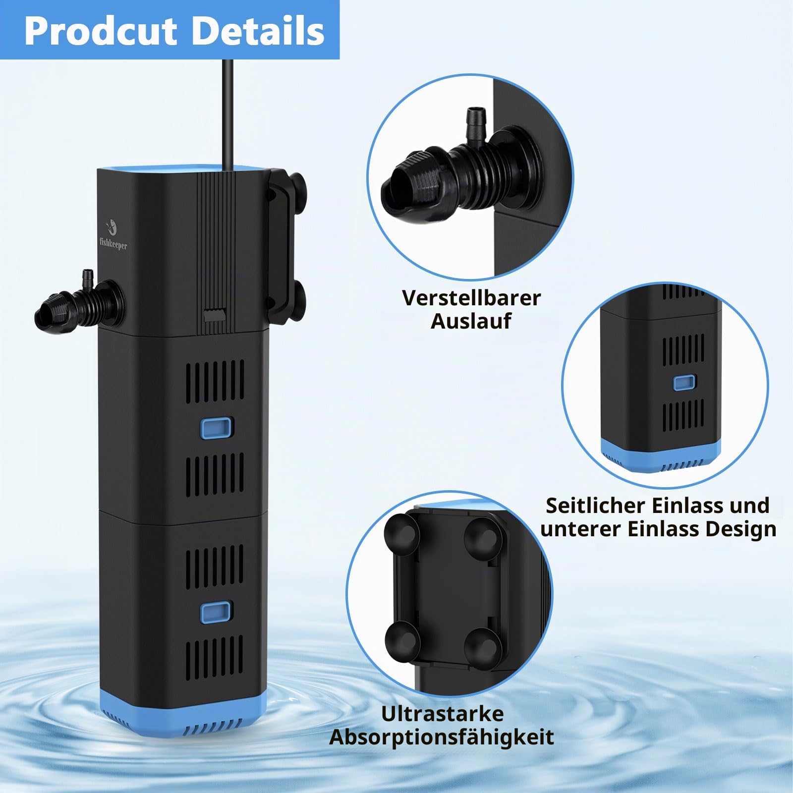 fishkeeper Aquarium Filter, Adjustable 500L/H Aquarium innenfilter für 30L-120L Aquarien, 4-in-1 Aquarium Pumpe mit Filter, Sauerstoff, Wavemaker, Filterschwamm (6W(500L/H,≤120L))