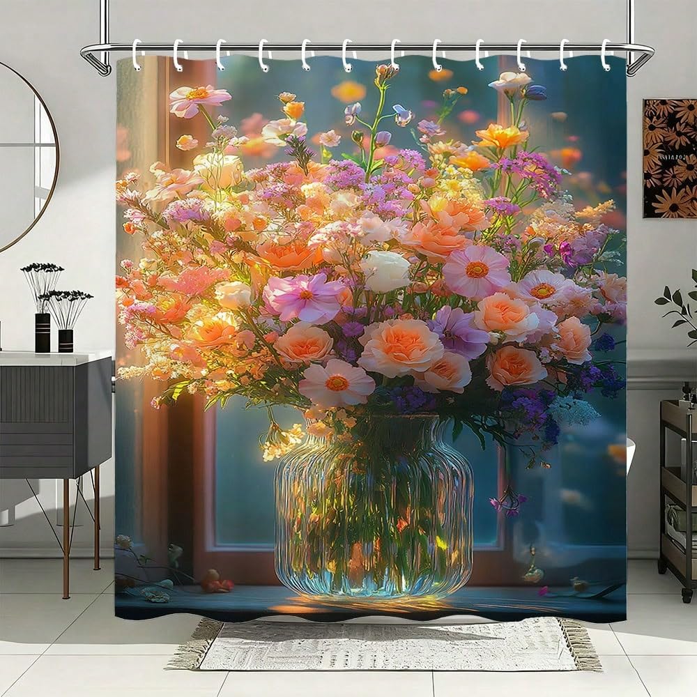 Kolorowa zasłona prysznicowa z bukietem kwiatowym, wodoodporna zasłona do wanny z jasnymi kwiatami w szklanym wazonie i światłem słonecznym (215 x 175 cm/tkanina)
