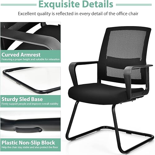 Miniatura 8 de Tangkula Juego de 8 sillas de invitados de oficina sillas de recepción para sala de conferencias con soporte lumbar ajustable y base de trineo