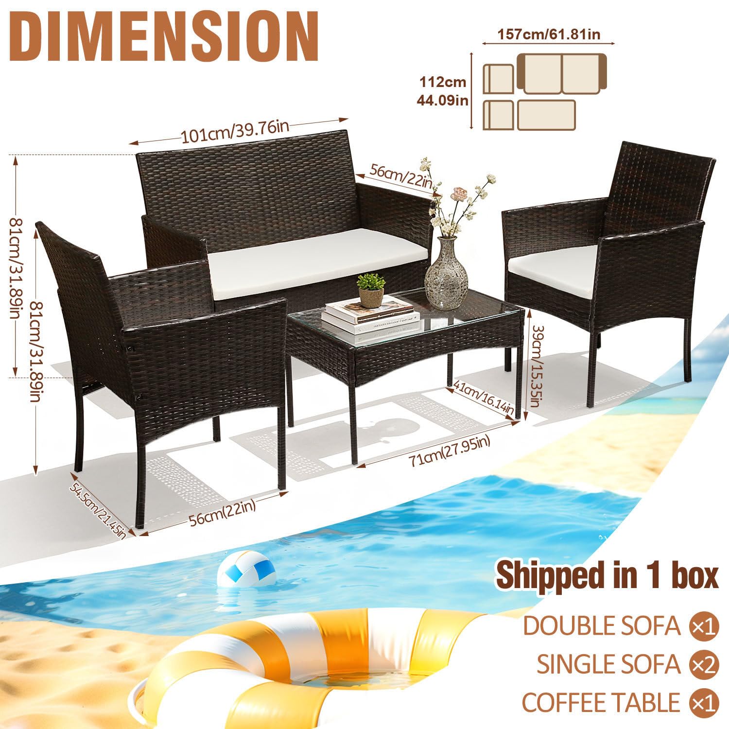 gruppo di sedute in polyrattan di mobili da giardino 7 pezzi, mobili da terrazza per 4 persone, incl. cuscini e tavolo, per giardino patio esterno, marrone