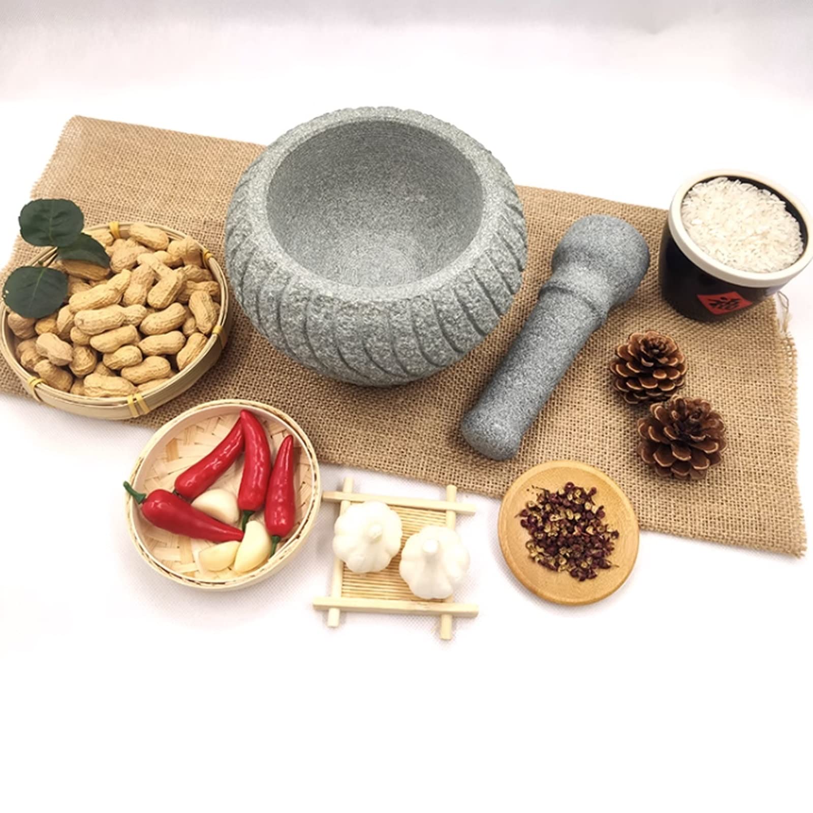 Knoblauchpresse Edelstahl Mörser- und Stößel-Set, unpolierter schwerer Granit, Mörser und Stößel, verbesserte Leistung und organisches Aussehen, Pillenbrecher, Gewürzmühle Knoblauchzerkleinerer(Groß)