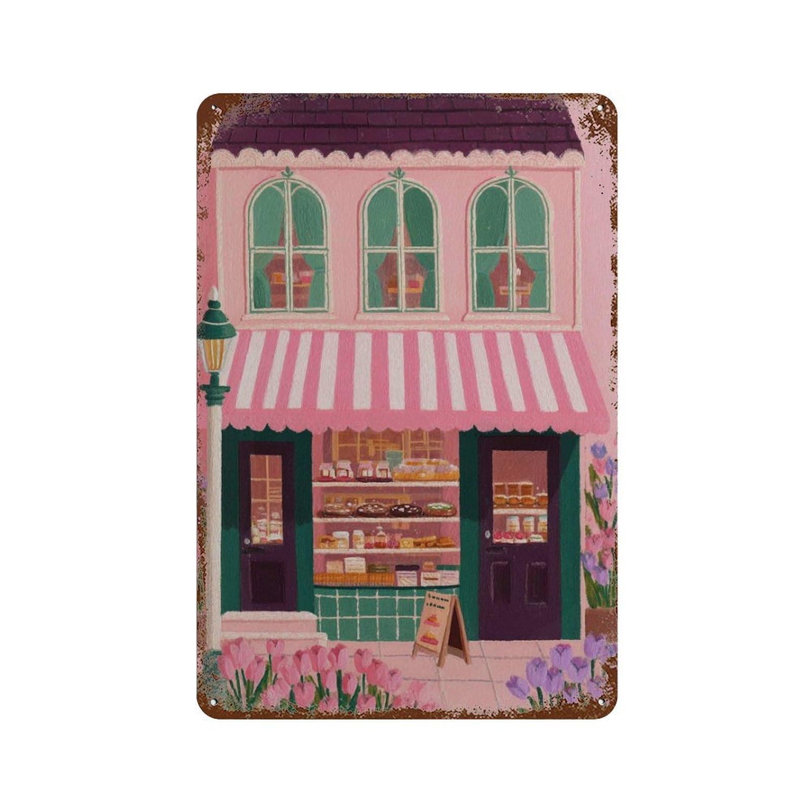 xiaoxiaoshen Paris Bakery Pink Patisserie French Café Street Scene Whimsical Parisian Work Wall Decor Art Metal Tin Poster Modern Home Decor Art Home Bar Shop Decorations Vintage Sign 30x20cm