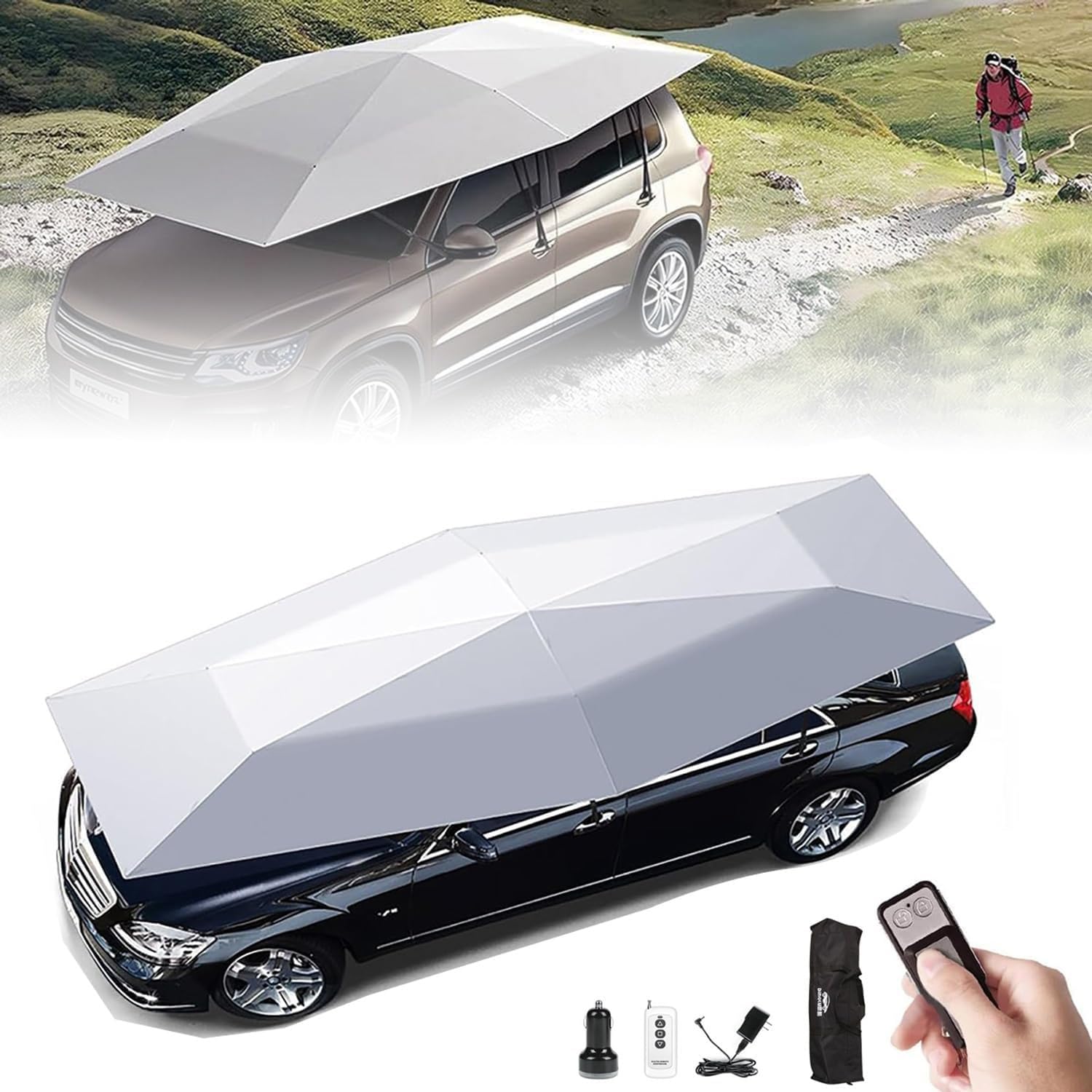 Ombrello parasole automatico pieghevole per auto, impermeabile, con telecomando retrattile, per parabrezza, elimina calore e raggi UV