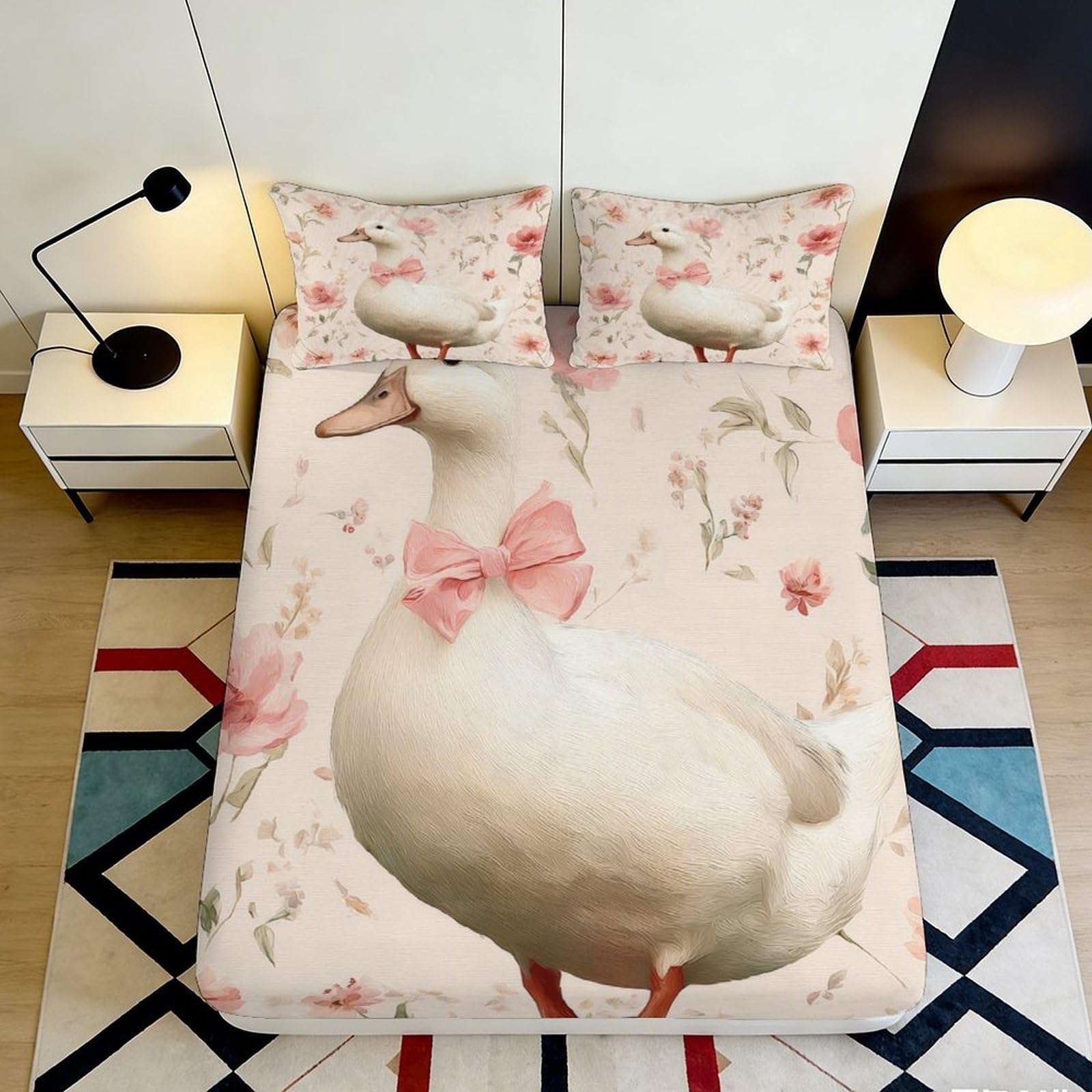 3D Printed White Duck Fitted Sheet Microfiber Soft Floral Pink Bow Mattress Cover for Bedroom Guestroom Decor 90x200x25cm
