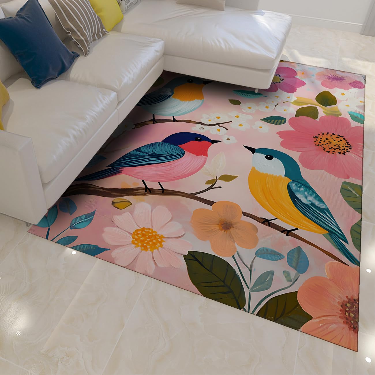 Tapis lavable 120x150cm bohème fleural avec oiseau mignon pour salon et nursery