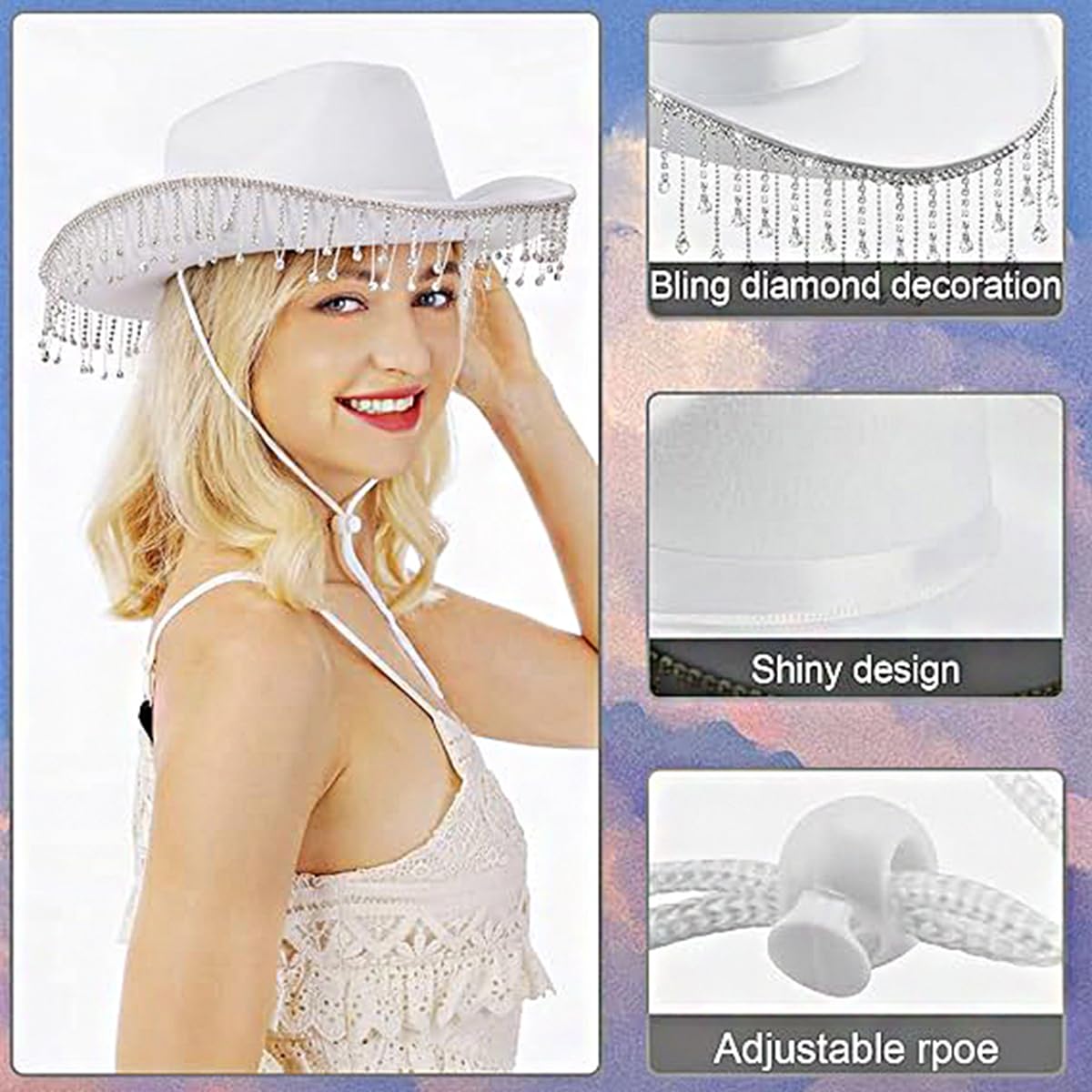 Chapeau de cowgirl pour enterrement de vie de jeune fille, chapeau de cowboy blanc à strass pour femme, cadeau de future mariée, décoration de fête prénuptiale