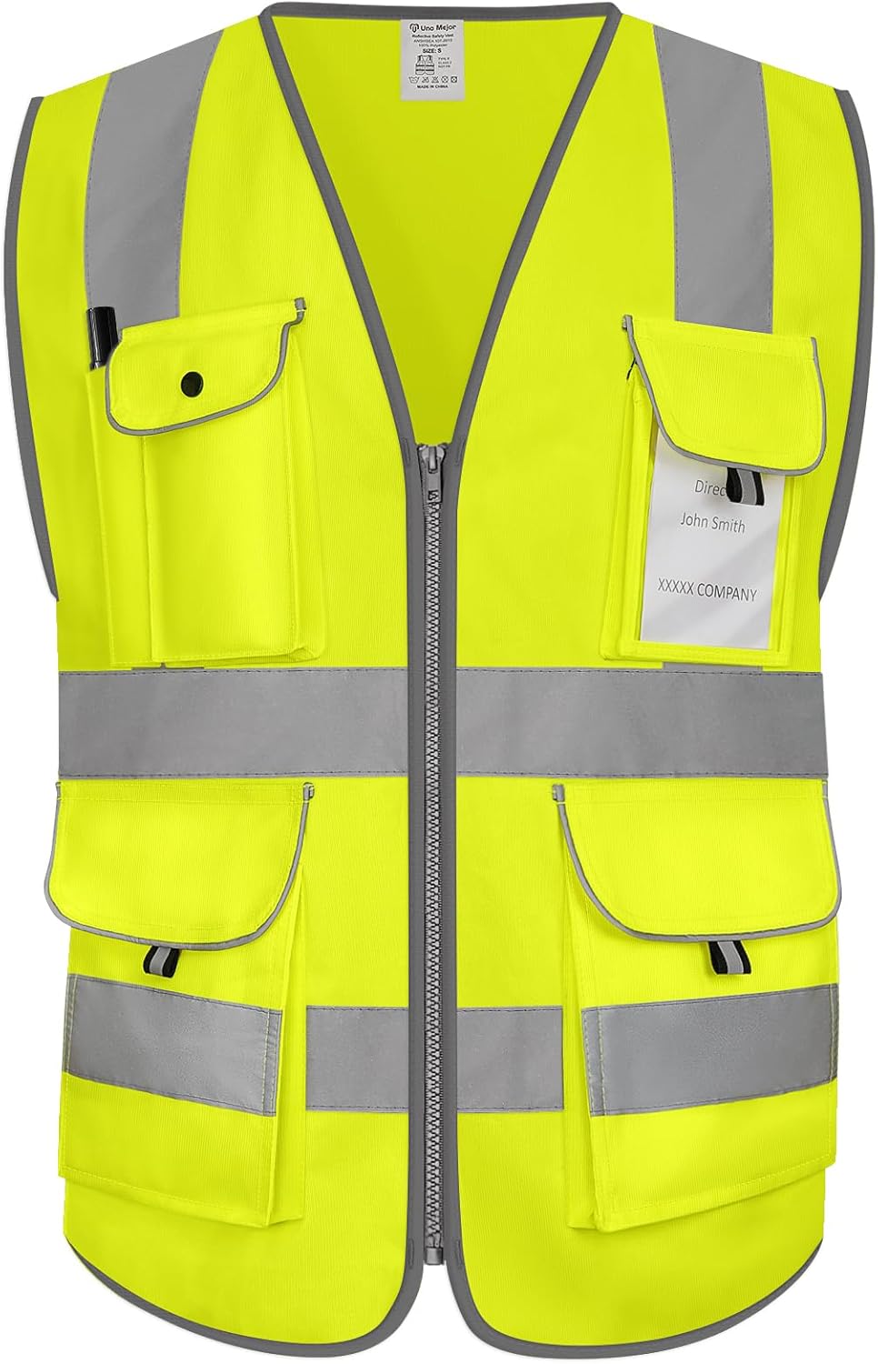 9 Pockets Full Zip Safety Vest, Class 2 High Visibility Work Vest for Construction, Utility Workers, Meets ANSI/ISEA Standard, Yellow, Large