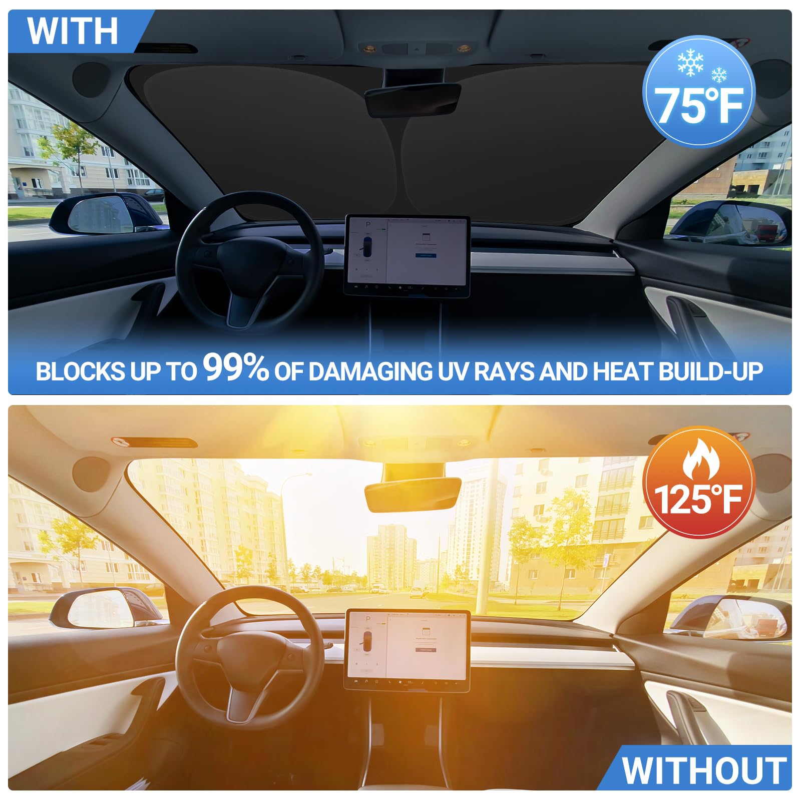 ZATOOTO Parasol Coche Delantero para Tesla Model Y Model 3, Protección Solar para Parabrisas, Cubierta Parabrisas para Bloques de Verano UV, Visera para Coche, Plegable, 132x92 cm