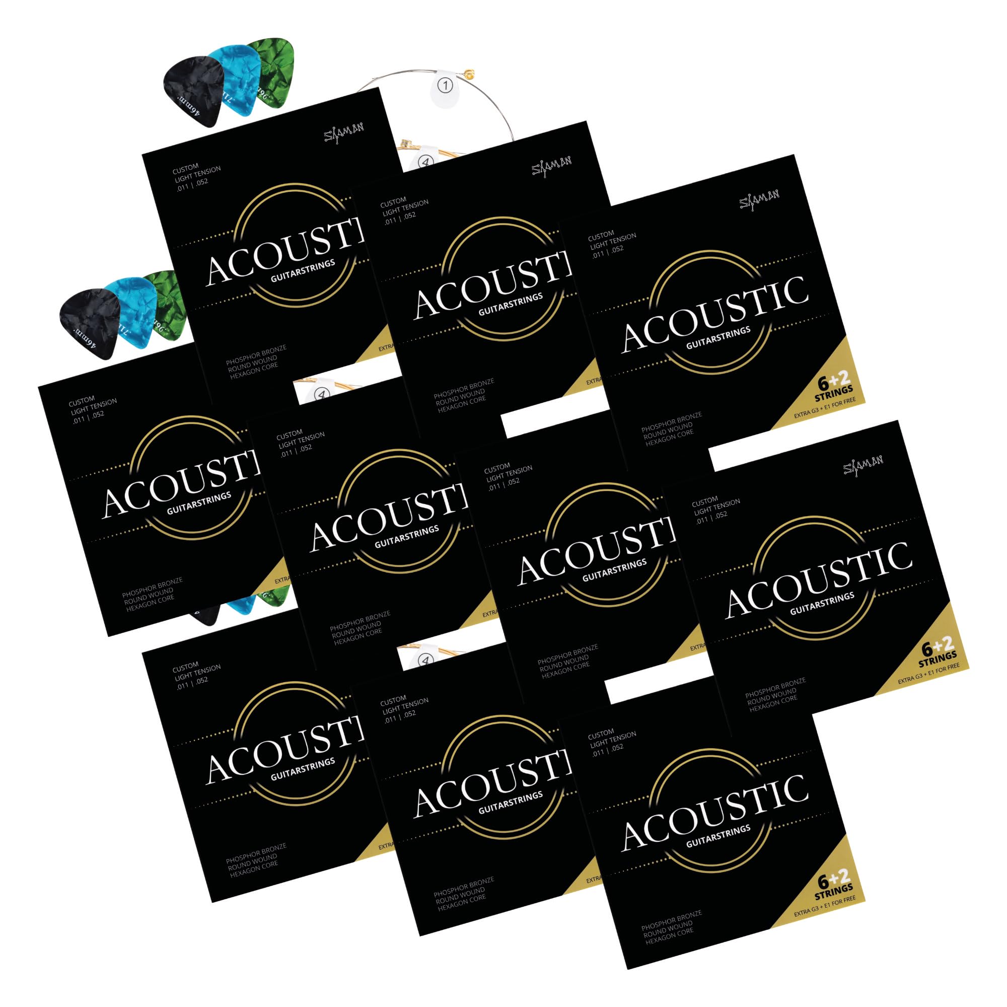 Cuerdas Shaman Acoustic para guitarra western incl. 2 cuerdas de repuesto | Juego completo de cuerdas para guitarra acústica, Tensión Custom Light (.011,.015,.022,.032,.042 y.052), 71 y 0, 96 mm)