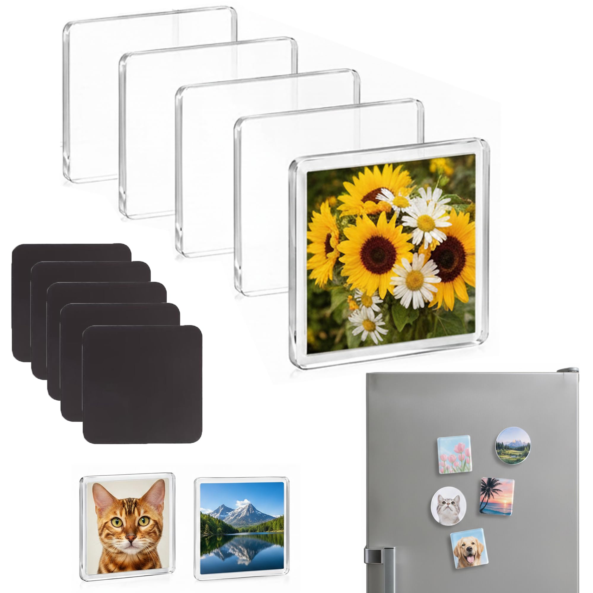 5 Pcs DIY Acrylic Fridge Magnet Kit with Adhesive Backing | 2x2 Inch Square Magnetic Photo Frames Set for Crafts | Clear Refrigerator Magnets Maker for Customized Picture, Kitchen, Classroom Decor