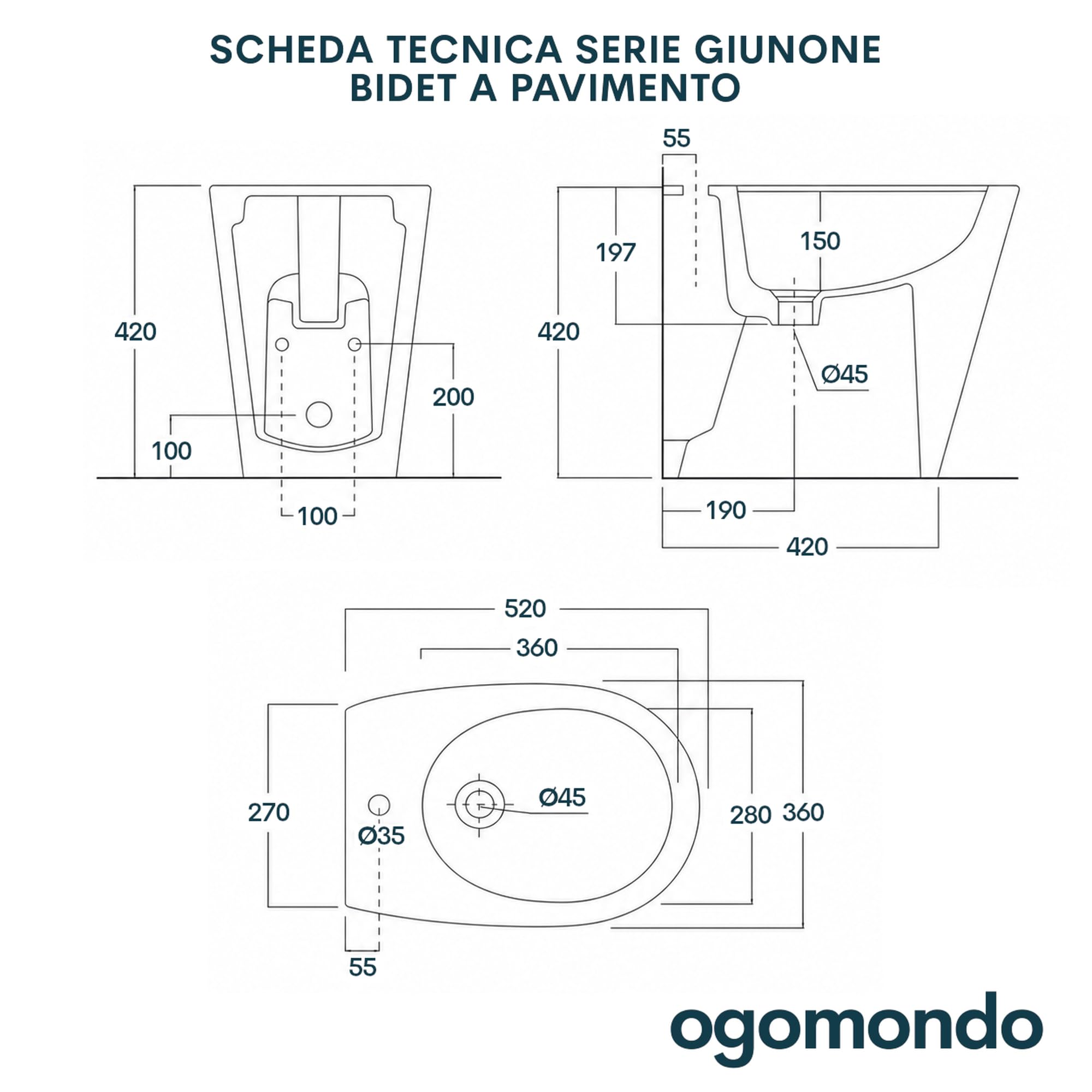 Giunone Bidet in Ceramica, Finitura Lucida, Bianco Lucido, a Pavimento Filo Parete