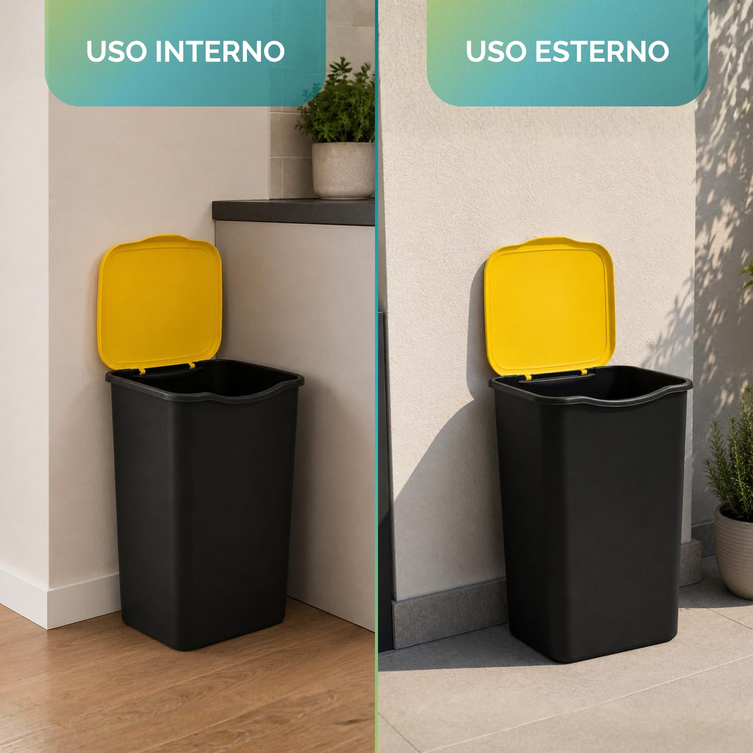 VIRSUS Set 4 Pattumiere con Coperchio per Raccolta Differenziata 128, misura 37,5x36x53,5 cm, Capacità 50 Litri, Bidoncini Spazzatura Impilabili, Colori Giallo, Verde, Azzurro e Grigio