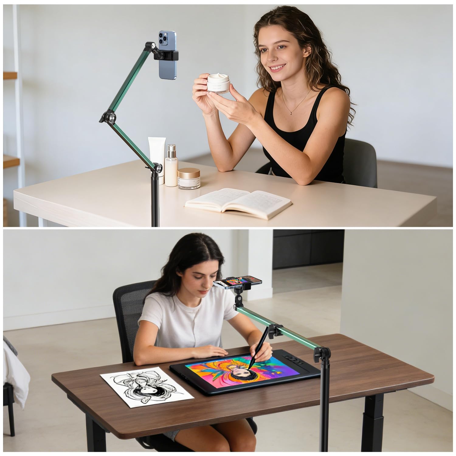 Trepied Smartphone Bureau, Hauteur 164 cm Porte Telephone, Support Telephone pour Filmer, 3 Réglages .Idéal pour Enregistrer des Vidéos TikTok et Diffuser en Direct Votre Vie en Cuisine. (Agrafe)