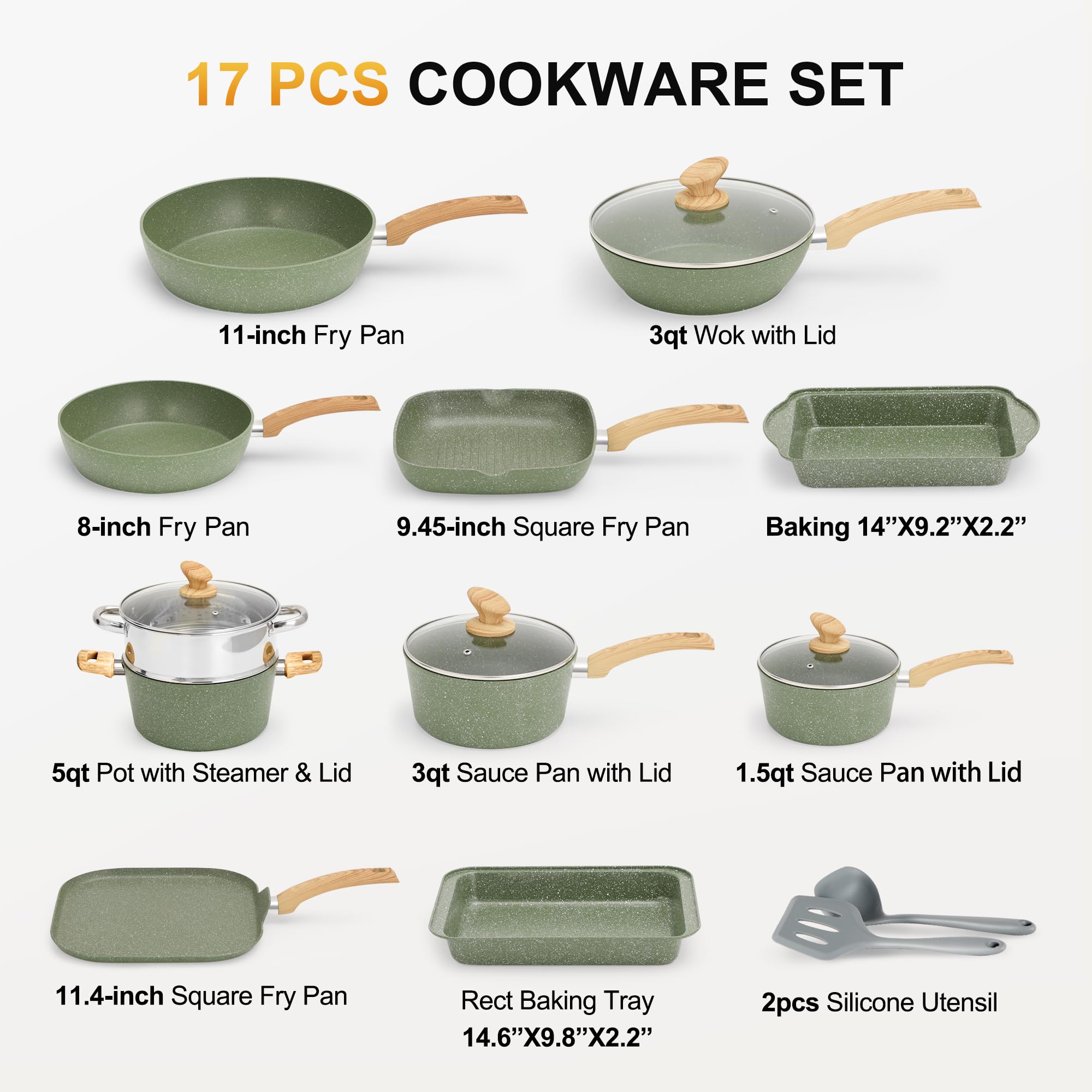 DishDelight Induktions-Kochgeschirr-Set mit Grillplatte 17-teiliges Induktions Töpfe Set Topf und Pfannenset mit Deckel Granit Antihaftbeshichtung Topfset Kochtopf