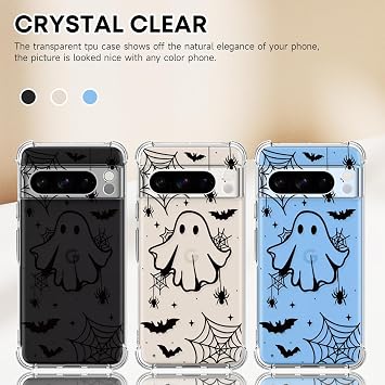 ハロウィンケース Google Pixel 8 Pro用 クリア ゴースト ファッションデザイン、携帯電話カバー ガールズ スタイリッシュ スリム 耐衝撃 バンパー 保護 女性 ハロウィン クモの巣 スマホケース Google Pixel 8 Pro Kids用