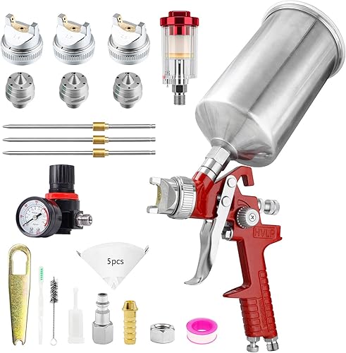 RRJ HVLP Pistola de pintura en aerosol de alimentación por gravedad, pulverizador de pintura de 1.41.70.098 in con regulador de aire, 1000 cc,