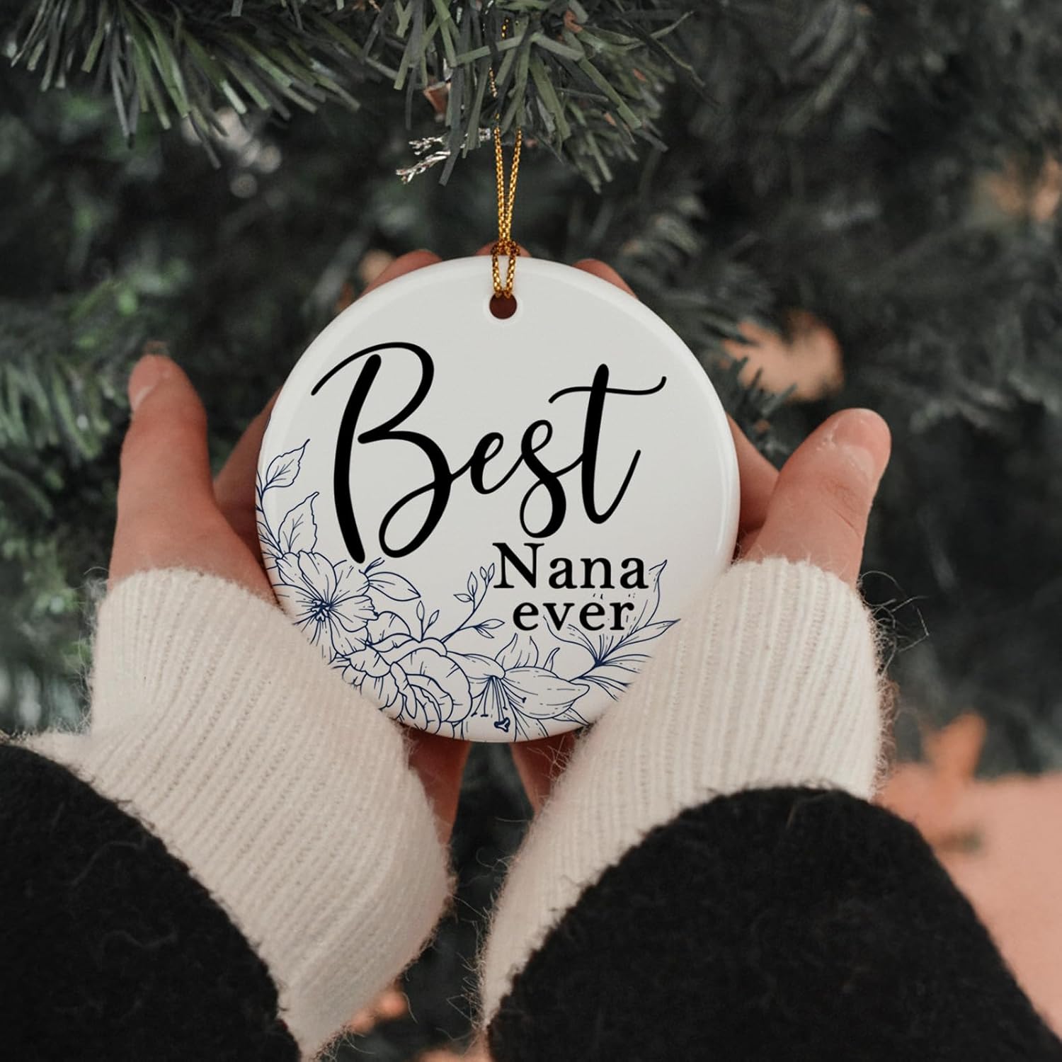 Best Nana Ever Gifts for Grandma,Grandma Ceramic Ornaments Gifts for Appreciation Christmas Tree Mother's Day Decor, Rustic Floral Hanging Round Holiday Ornament Keepsake Decorations 3in - Image 2