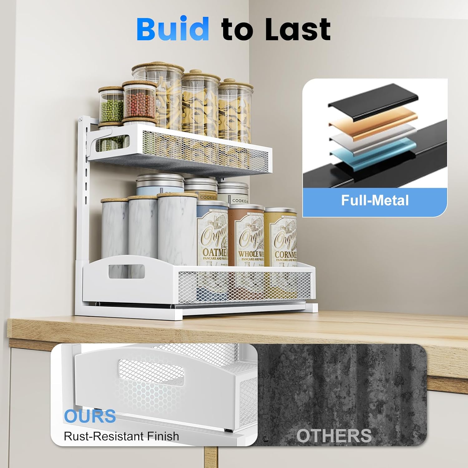 Metal Under Sink Organizer, Pull Out Cabinet Organizer Rack with Silk-Smooth Bottom Drawer, 5-Level Adjustable, Multi-Purpose Storage Shelf for Bathroom, Kitchen, Vanity, Pantry (2-Pack) - Image 6