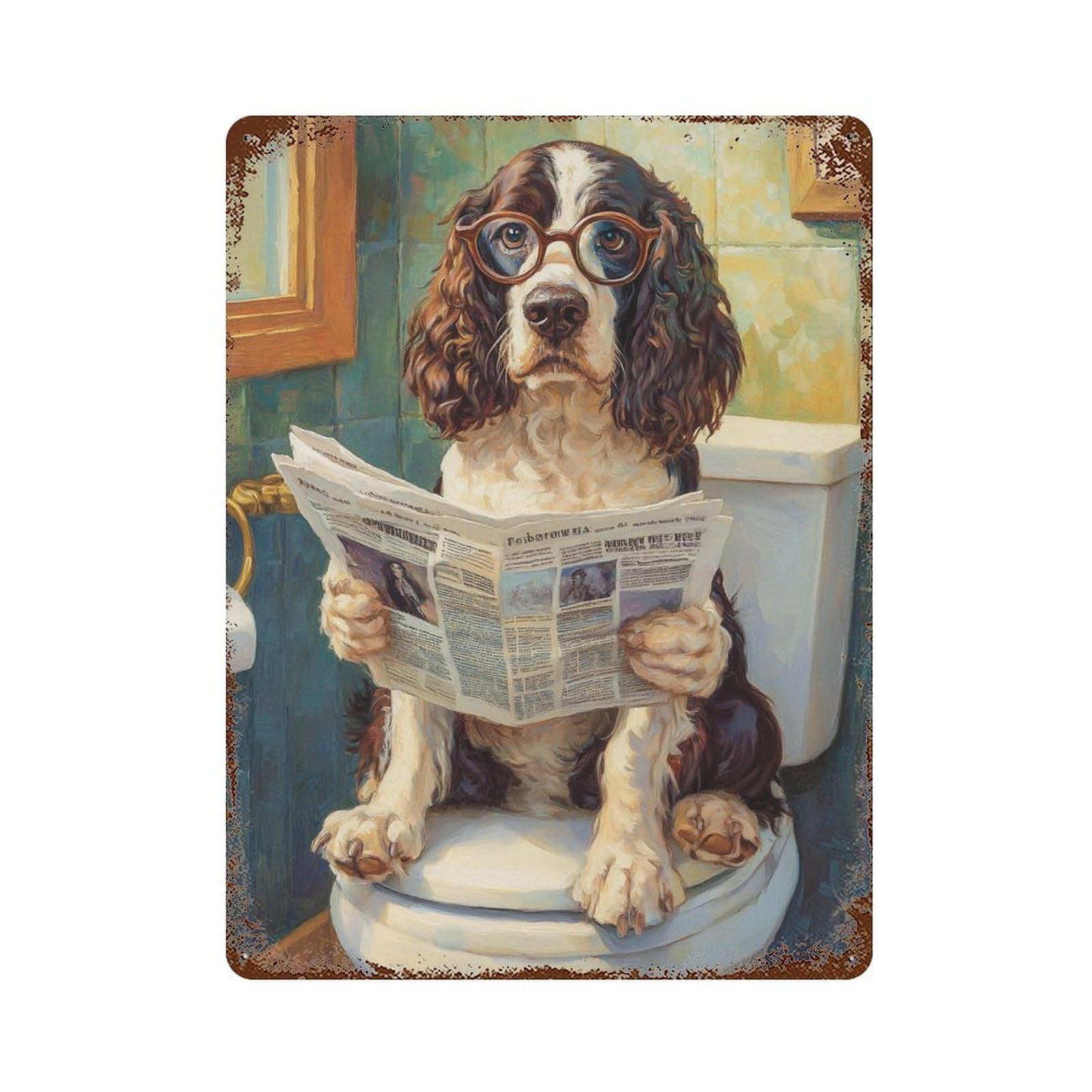 Distressed Metal Wall Sign with Dog Reading Newspaper on Toilet-28 Design 15.7"x11.8", for Office, Studio And Wall Decor, Industrial Home Decor