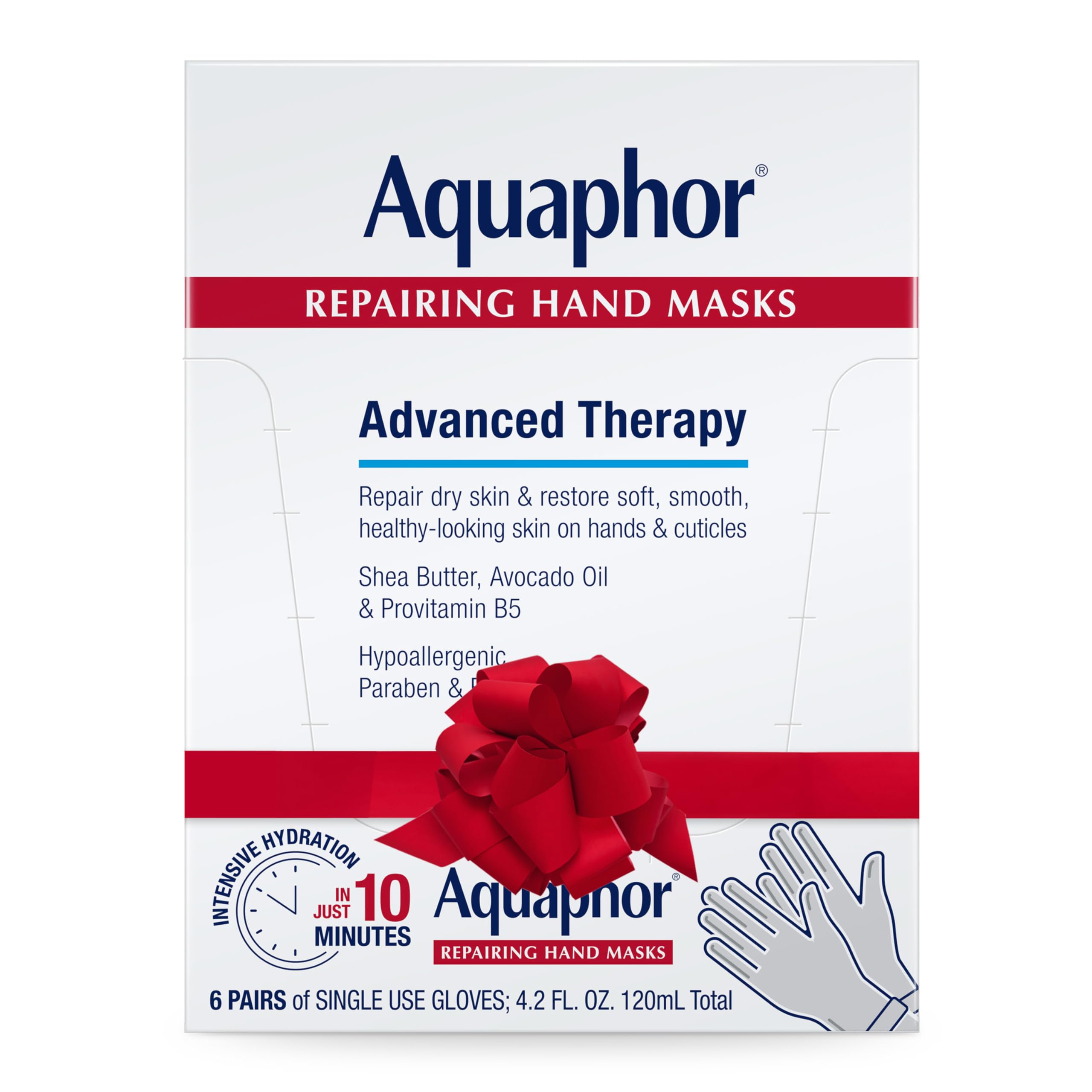 Aquaphor Repairing Hand Masks, Moisturizing Gloves for Dry Hands with Avocado Oil and Shea Butter, Holiday Gifts for Self Care, Pack of 6