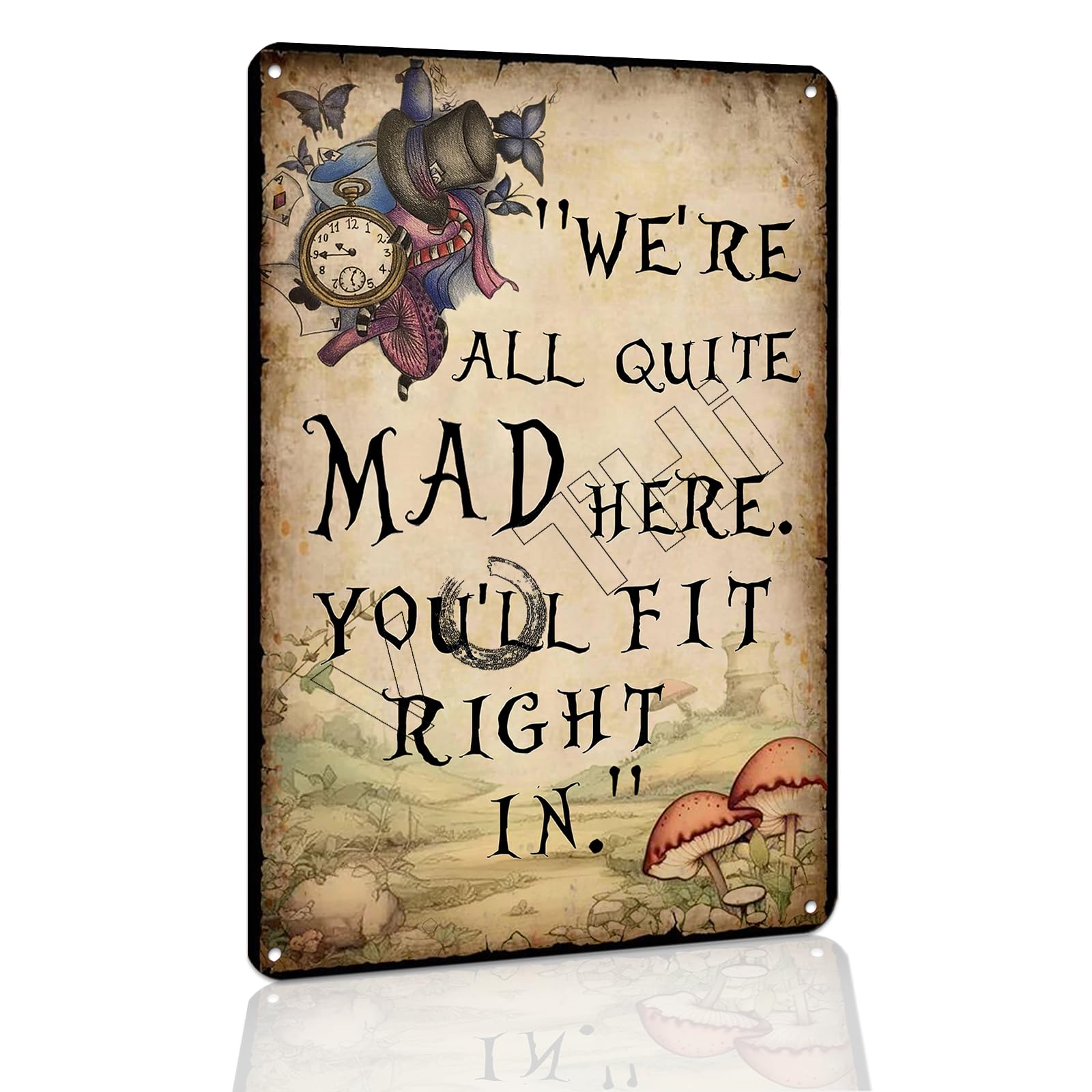 VOTHI Vintage Metal Tin Sign - "We're All Quite Mad Here" Funny Quote Wall Art for Home,Kitchen - Gothic Decor - Rustic Farmhouse Decor Retro Style Plaque 8x12 Inch