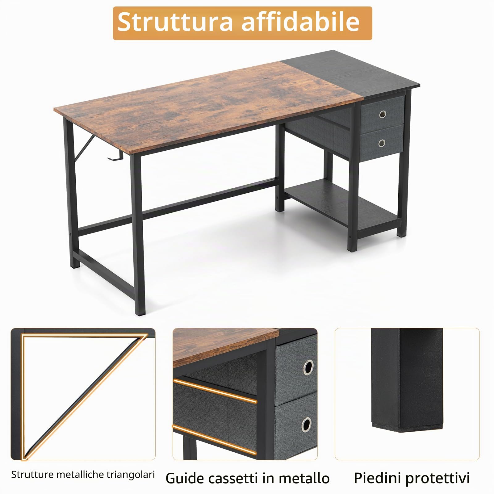 LIFEZEAL Scrivania Ufficio, Scrivania Porta Computer, con 2 Cassetti e Gancio, Postazione di Lavoro, per Studio, Stile Industriale, Scrittoio, Desk, in Legno+Metallo, 140x60 cm