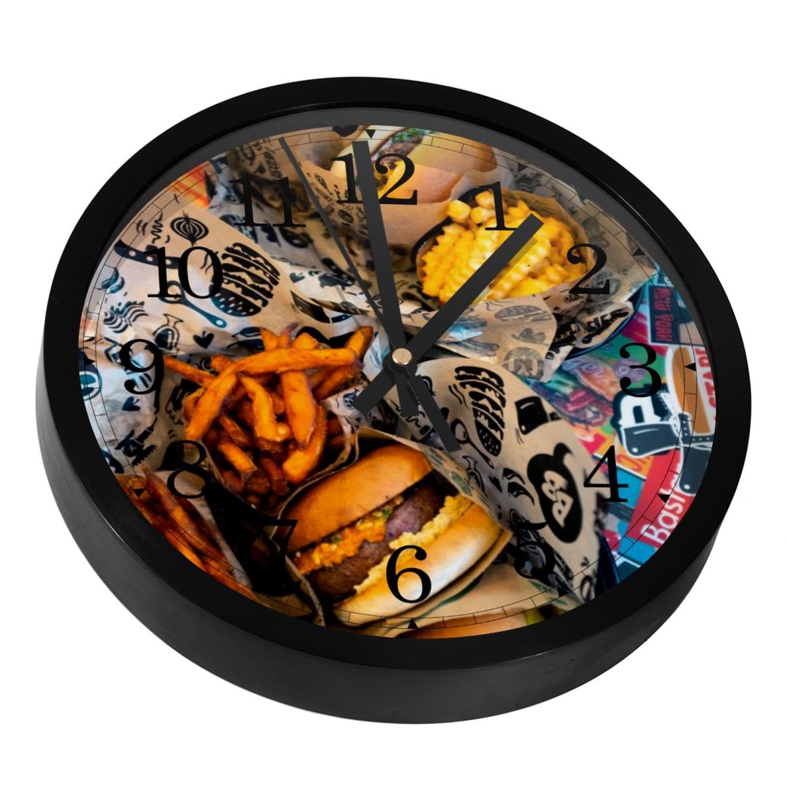 VAPOKF Beef Burger Fries Non-Ticking Wall Clocks, Battery Operated Silent Wall Clock for Bedroom Living Kitchen Office Home Art Decor