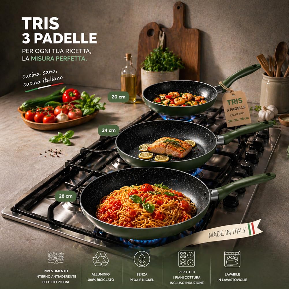 BAKAJI Tris Padelle Natura Più Antiaderenti Diametro 20/24/28 cm con Manico Cool Touch e Rivestimento Antiaderente Senza Grassi, Cottura Omogenea, Ideale per Carne, Pesce, Pasta