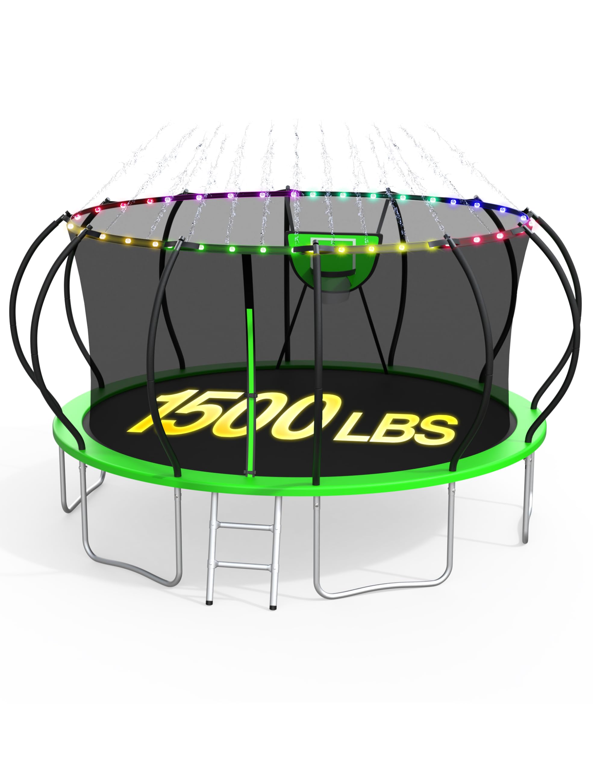 XMIKA 1500LBS Outdoor Trampoline, 16FT 14FT 12FT Trampolines with Light+Sprinkler +Socks, Enclosure, Ladder, Curved Poles Recreational Trampoline -