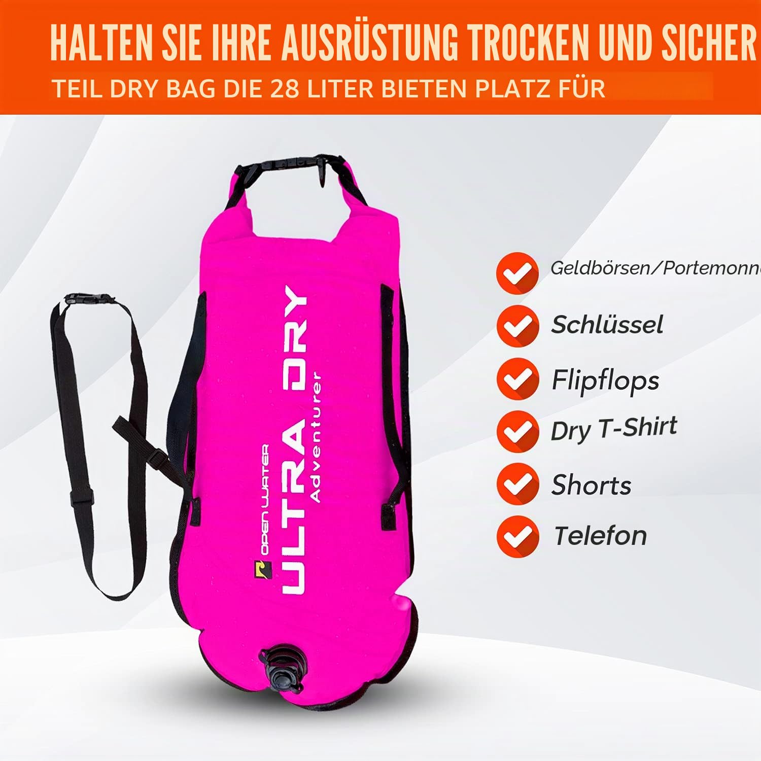 Swim Boje Tow Float Highly Visible Swimming Float Dry Bag with Adjustable Waist Belt, Carry Strap, Waterproof Phone Case for Open Water, Water Sports, Swimming 28L Pink