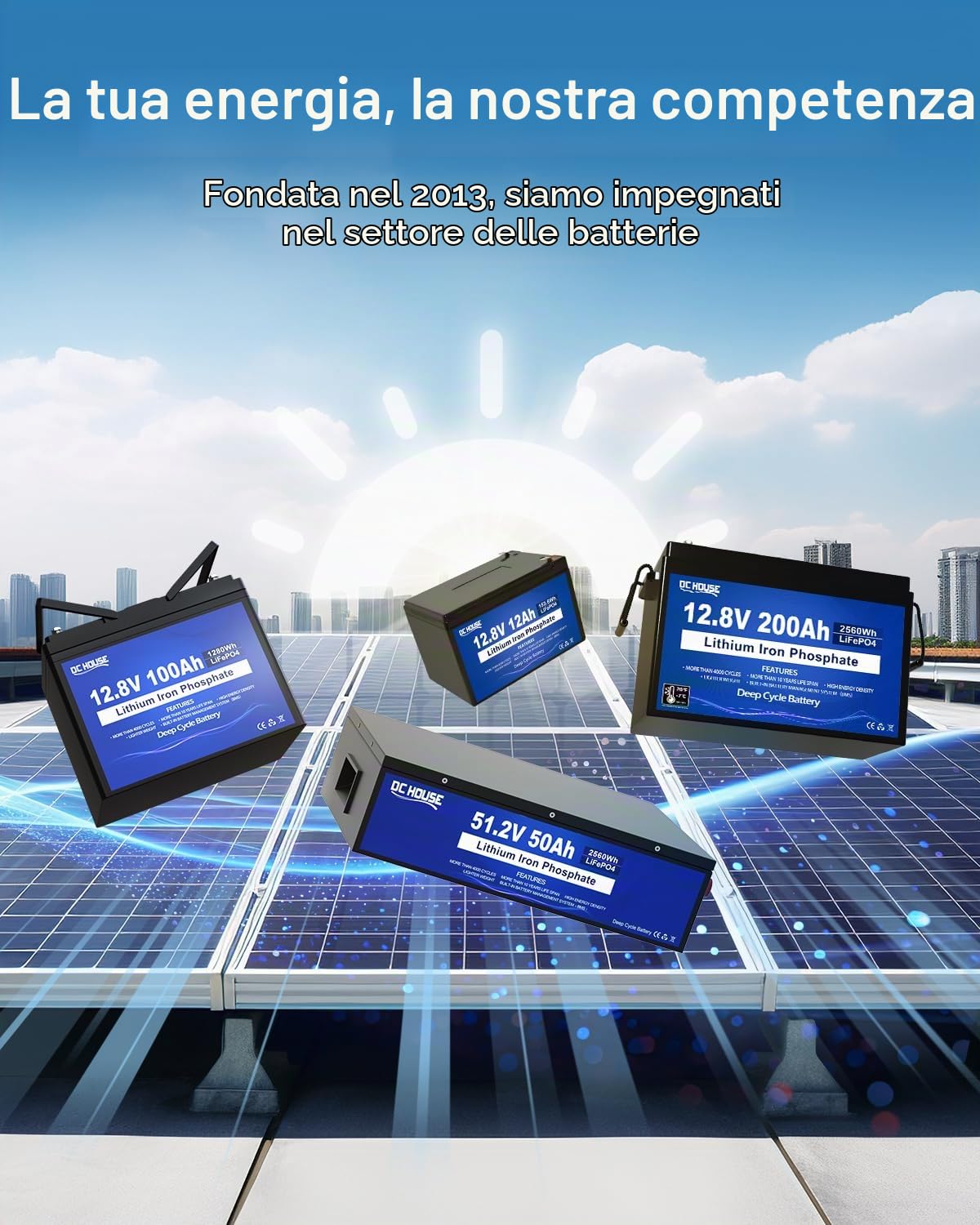 DCHOUSE Batterie LiFePO4 48V 100Ah (Pack 2×48V 50Ah), Bluetooth con App e Monitor, BMS 100A, Protezione Bassa Temperatura, Struttura in Metallo, per Golf Cart, Camper e Impianti Solari Off-Grid